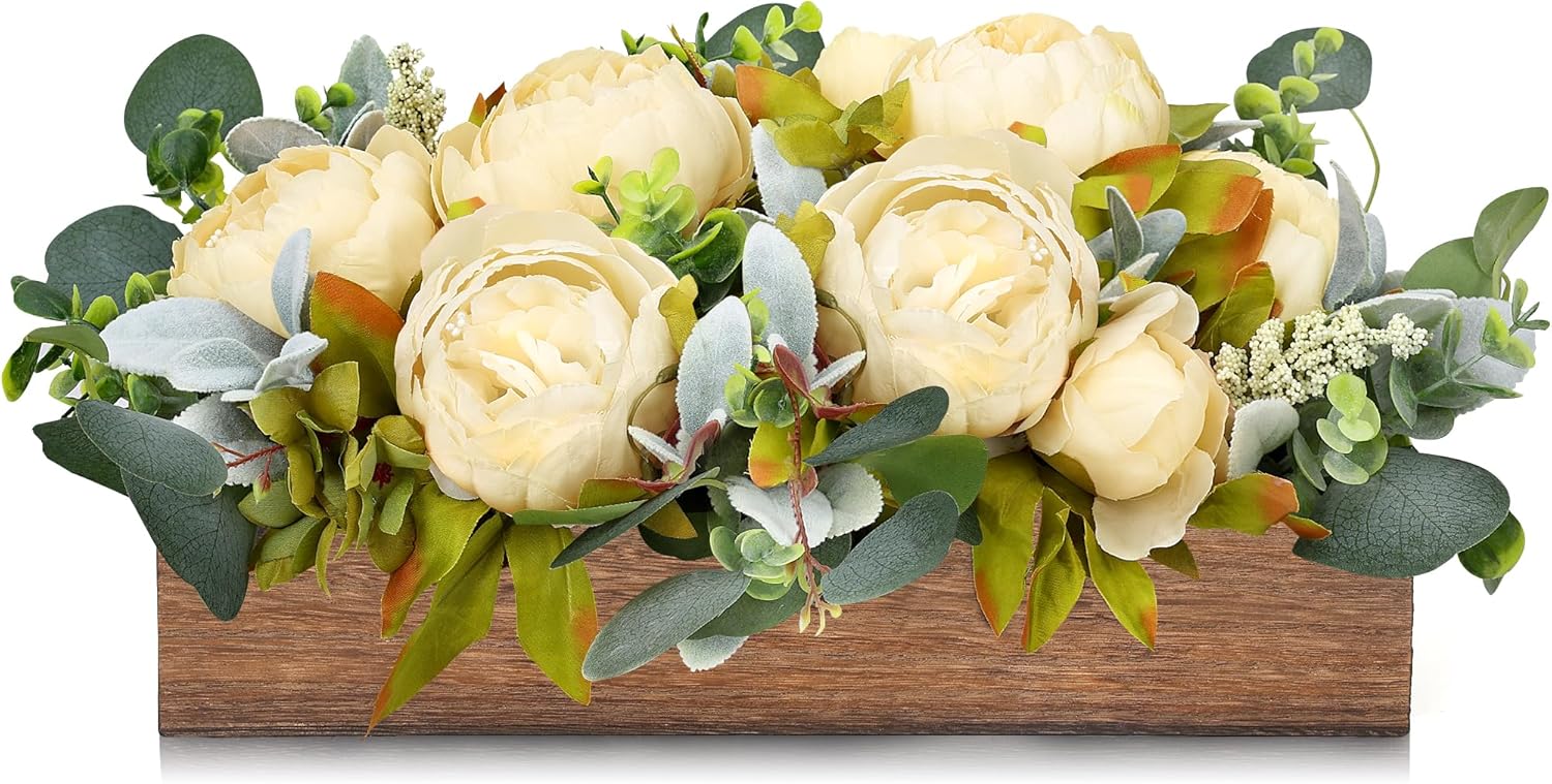 Flower Table Centerpieces for Dining Room, Summer Artificial Peony Table Centerpieces Wood Tray with Fake Flowers for Wedding Living Room Party Bar Kitchen Table(Champagne)