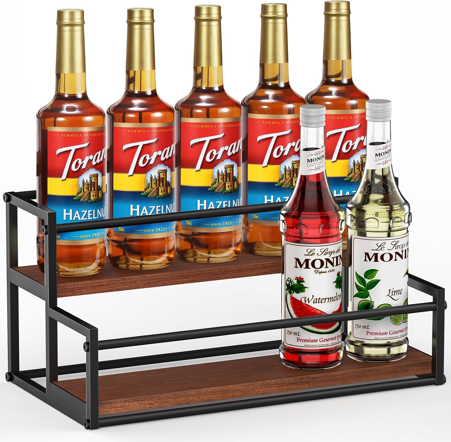 THYGIFTREE Coffee Syrup Rack Organizer 2-Tier 10 Syrup Bottles Holder Stand Metal with Wood Base for Coffee Bar Storage Shelves for Kitchen Countertop Matte Black