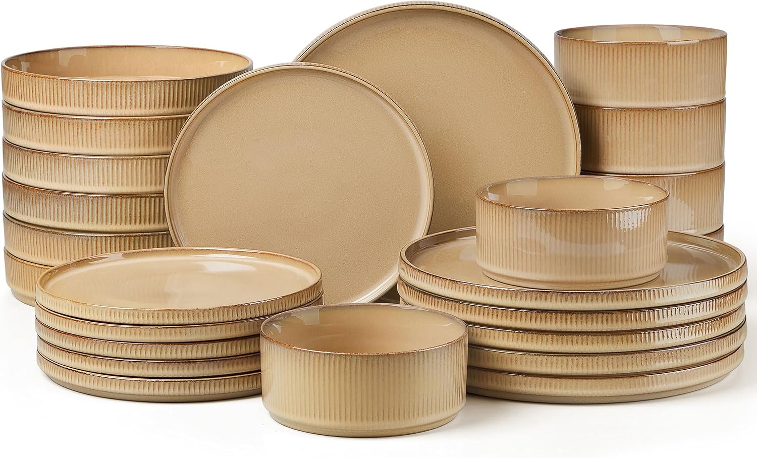 LIANYU 24 Piece Dinnerware Plates and Bowls for 6, Ceramic Elegant Stoneware Dishes Sets with Pasta Bowls, Modern Ribbed Dining Ware Dishware for Restaurant Wedding, Dishwasher Safe, Dune Khaki