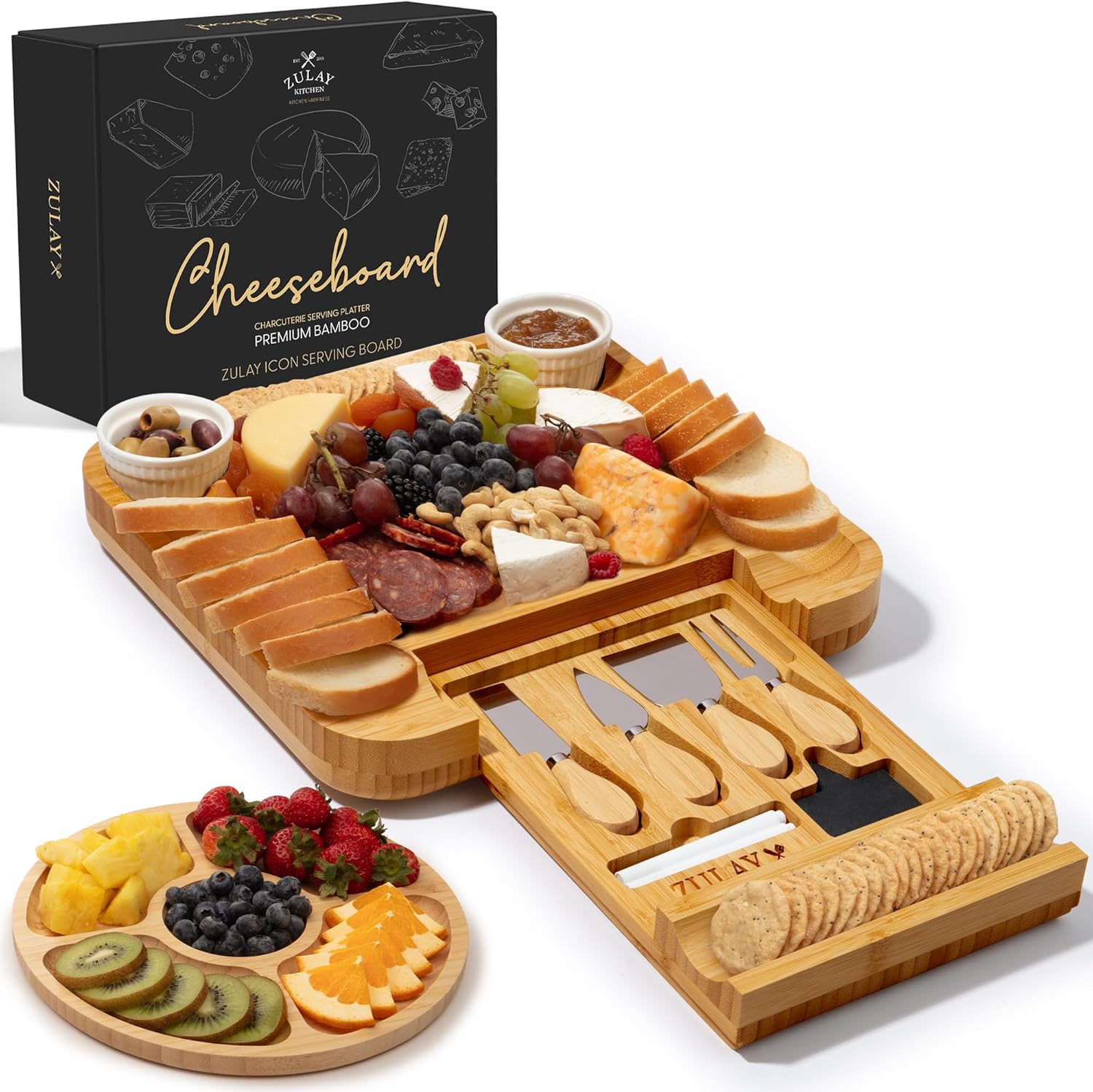 Zulay Kitchen Premium Bamboo Charcuterie Board – Extra Thick Bamboo Board with 4 Piece Knife Set – Perfect for Charcuterie, Wine and Cheese