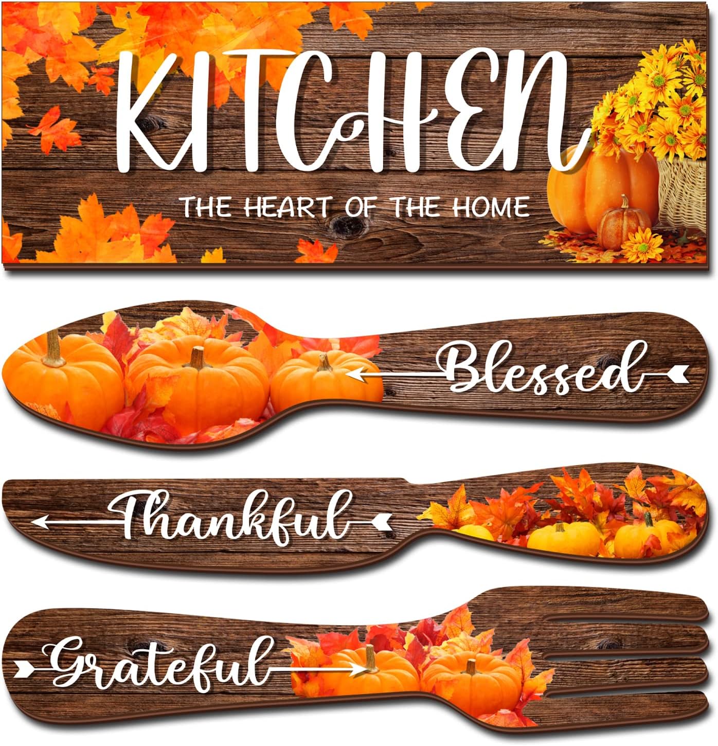 4 Pcs Fall Pumpkin Kitchen Wall Decor Eat Sign with Fork and Spoon Grateful Thankful Blessed Kitchen Decor Thanksgiving Day Kitchen Sign Maple Leaf Pumpkin Wooden Hanging Wall Art for Dining Room Home