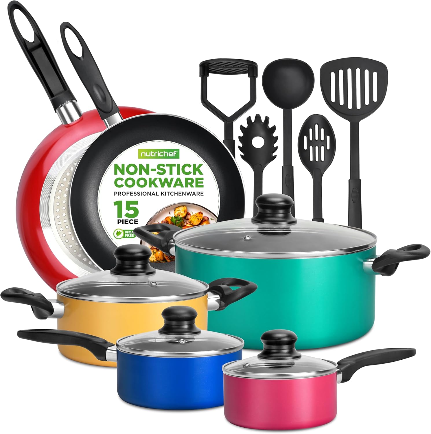 NutriChef 15-Piece Non Stick Kitchen Cookware Set PFOA/PFOS-Free, Colorful Heat Resistant Lacquer w/Saucepot, Frying Pans, Oven Pot, Lids, 5 Utensil – NCCWCOR15