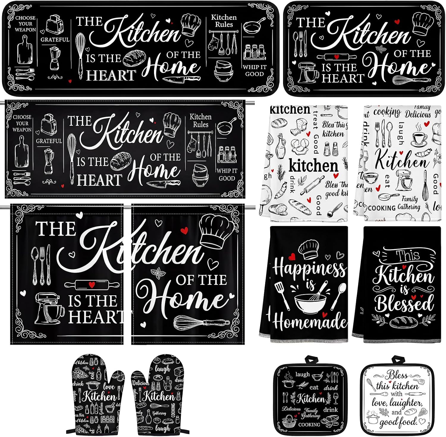 Britimes Farmhouse Kitchen Decor Sets Black White Rustic Family Kitchen Sets for Housewarming Home Decorations Includes Valance Curtains Towels Rugs Oven Mitts Pot Holders Kitchen Accessories Set