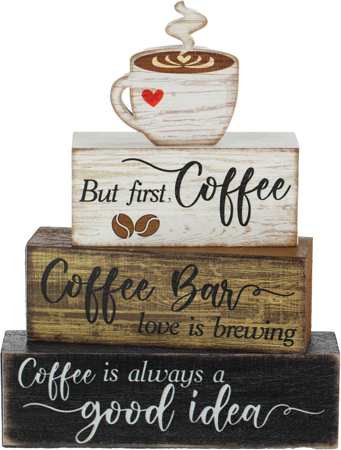 Moucuny 4 Pcs Wooden Coffee Bar Tabletop Decor Coffee Tiered Tray Decor Rustic Wood Bar Sign Gift Farmhouse Table Centerpiece Farmhouse Decorations for Home Kitchen