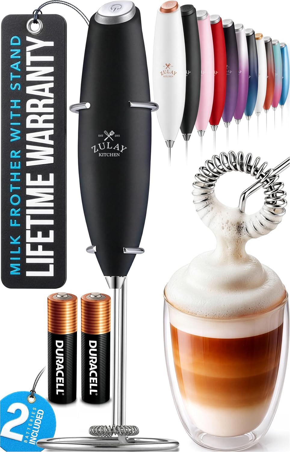 Zulay Kitchen Powerful Milk Frother Wand With Duracell Batteries – Ultra Fast Handheld Drink Mixer – Electric Whisk Foam Maker for Coffee, Lattes, Cappuccino & Matcha – Z1 Motor – Black