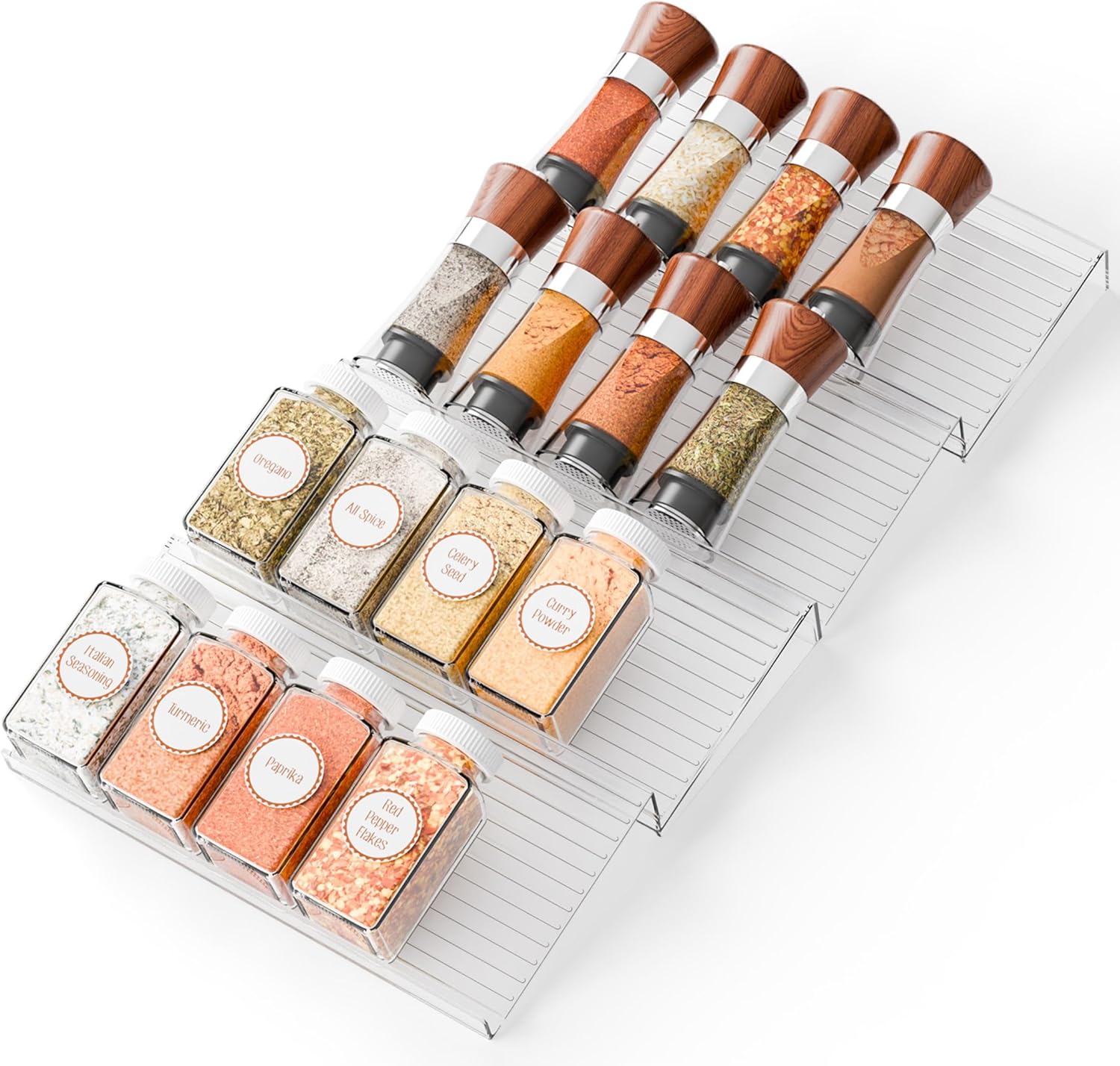 Yieach 4 Pack Adjustable Narrow Spice Rack for Drawer – Expandable From 9″ to 17.7″ – Acrylic Drawer Seasoning Organizer,Tiered Clear Spice Tray for Spices,Condiment,Nail Polish and Jar Organization