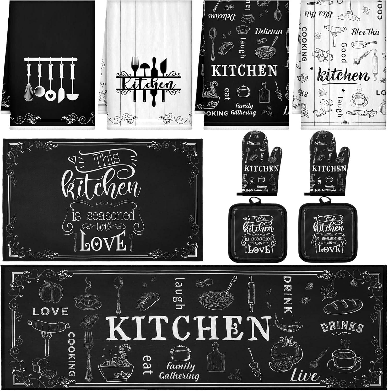 Fourluoo 10 Pcs Farmhouse Kitchen Decor Sets 4 Kitchen Dish Towels 2 Vintage Pot Holders 2 Oven Mitts Glove 2 Rustic Non Slip Rugs and Mats for Floor Home Decorations Accessories Mom Gifts