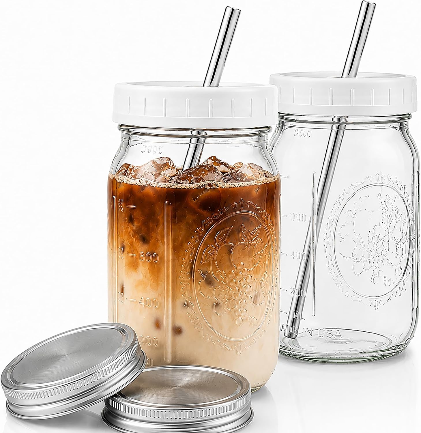 Reusable Wide Mouth Smoothie Boba Tea Cups Bubble Tea Cups with Lids and Silver Straws Mason Jars Glass Cups (2-pack, 32 oz mason jars)