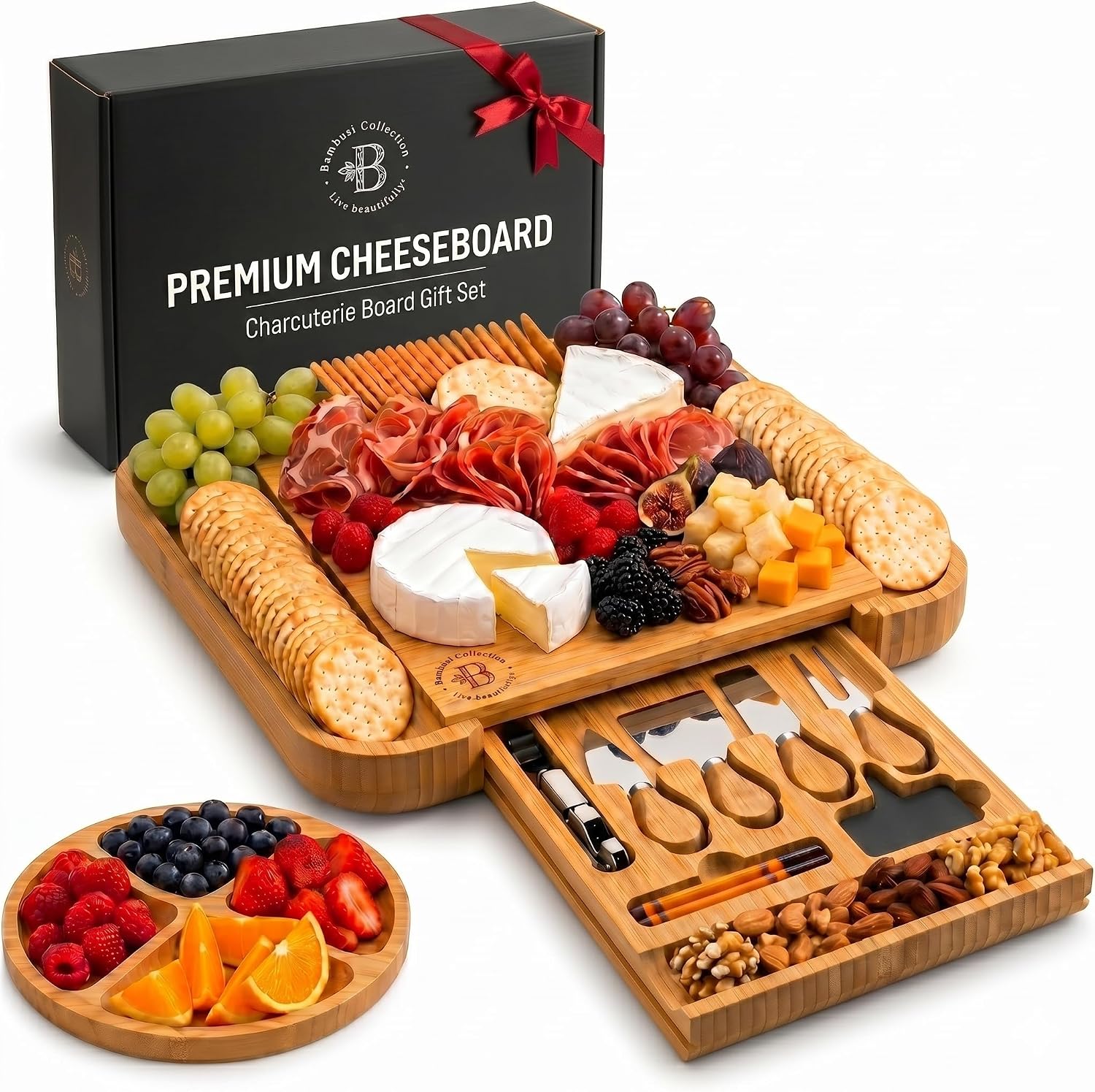 Bambüsi Charcuterie Boards – Large Bamboo Charcuterie Board Set with Knives Serving Accessories, Cheese Tray – House Warming Gifts New Home, Wedding Gift, Bridal Shower Gifts, Birthday Gifts Women Men