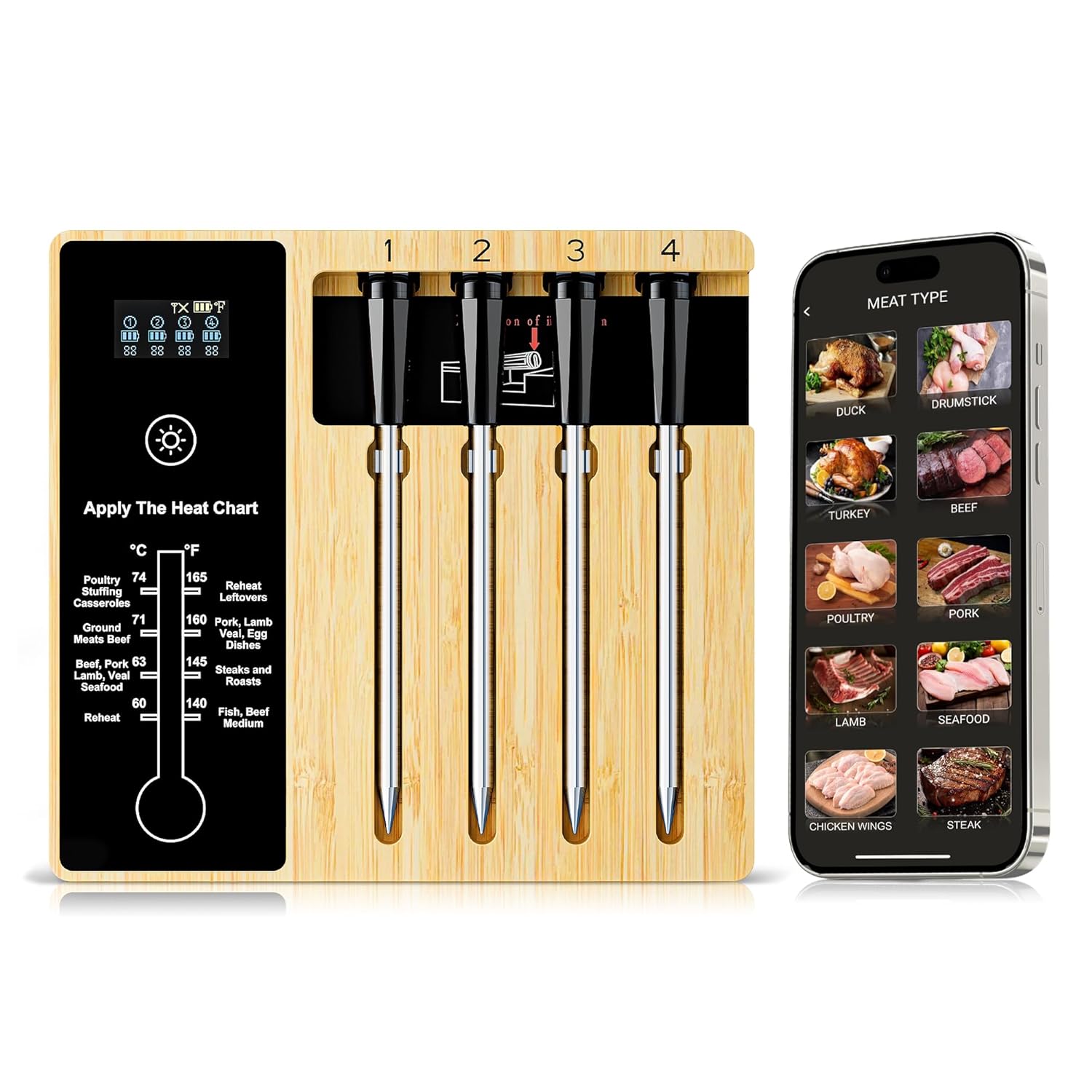 Smart Wireless Meat Thermometer 4 Probes, Bluetooth Food Thermometer, Remote Tracking and Real-Time Readings from Apps, for iOS and Android, for BBQ, Grill, Smoker