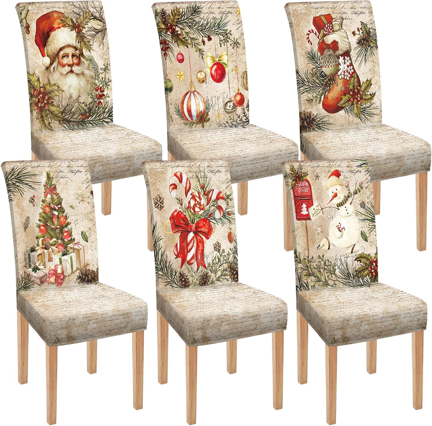 Moukeren 6 Pcs Christmas Dining Chair Covers Removable Washable Stretch Slipcovers for Xmas Restaurant Farmhouse Kitchen Hotel Decor Supplies(Retro Style)