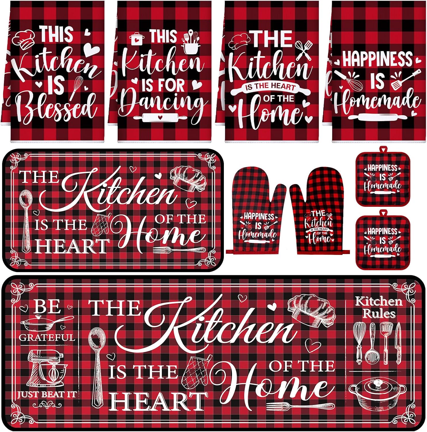 Fourluoo 10 Pcs Farmhouse Kitchen Decor and Accessories Set 4 Kitchen Towels 2 Pot Holders 2 Oven Mitts 2 Rugs for Cooking Baking Mom Housewarming Gifts(Red White,Classic Style)
