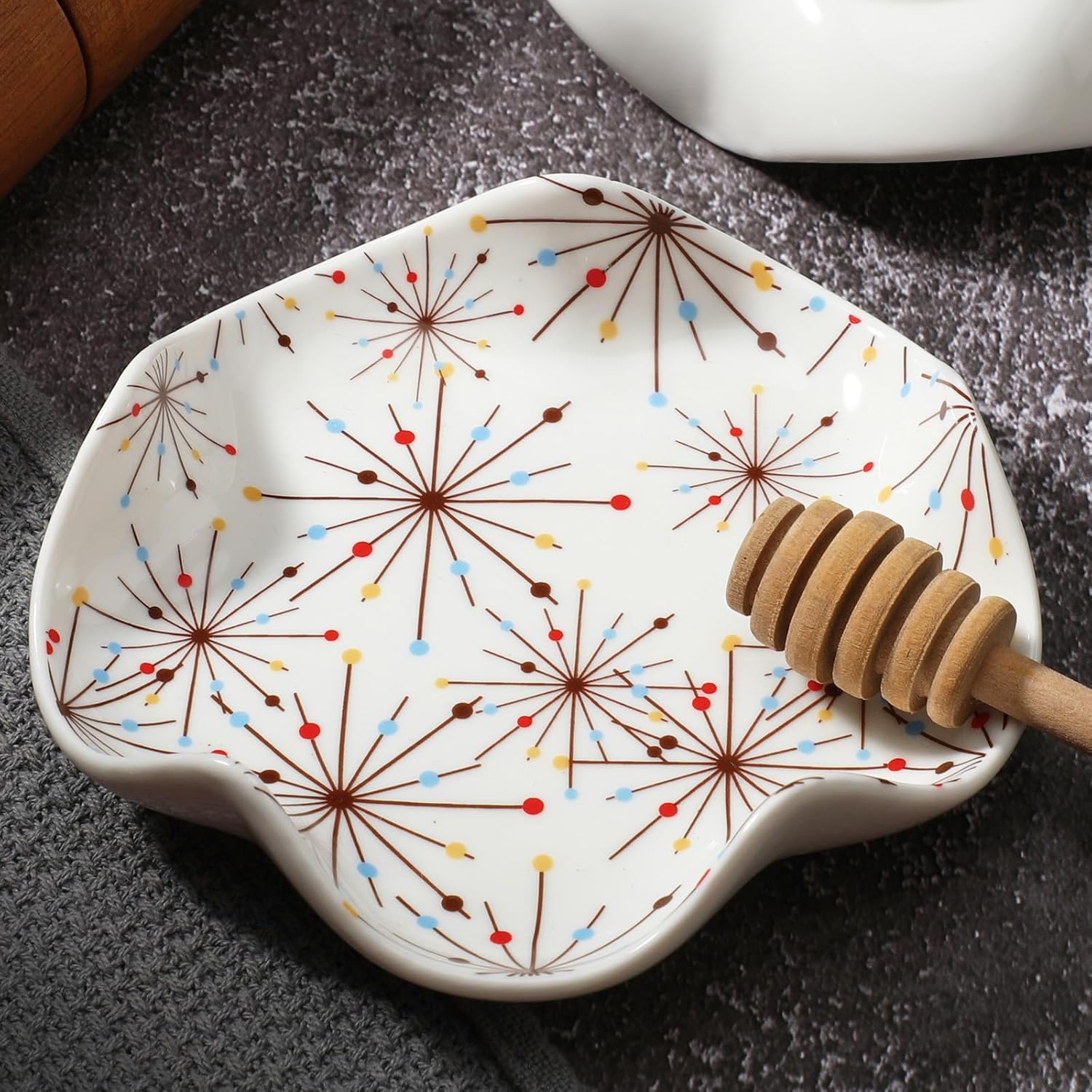Honeydak Mid Century Spoon Rest for Kitchen Counter Cute Ceramic Cooking Spoon Holder for Stove Top Atomic Utensil Spatula Rest Tray Housewarming Kitchen Gift, 5.2 Inch