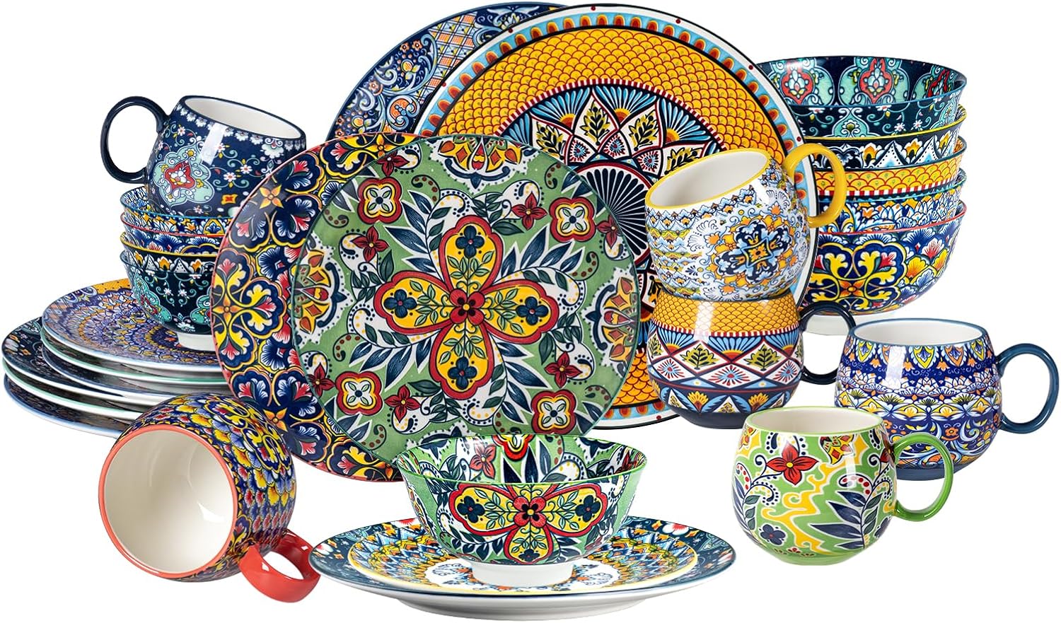 30-Piece Boho Ceramic Dinnerware Set for 6 – 6×20oz Mugs, 6×10.5″ Dinner Plates, 6×8.5″ Salad Plates, 6×24oz Bowls, 6×10oz Dessert Bowls – Hand-Painted, Microwave/Dishwasher Safe