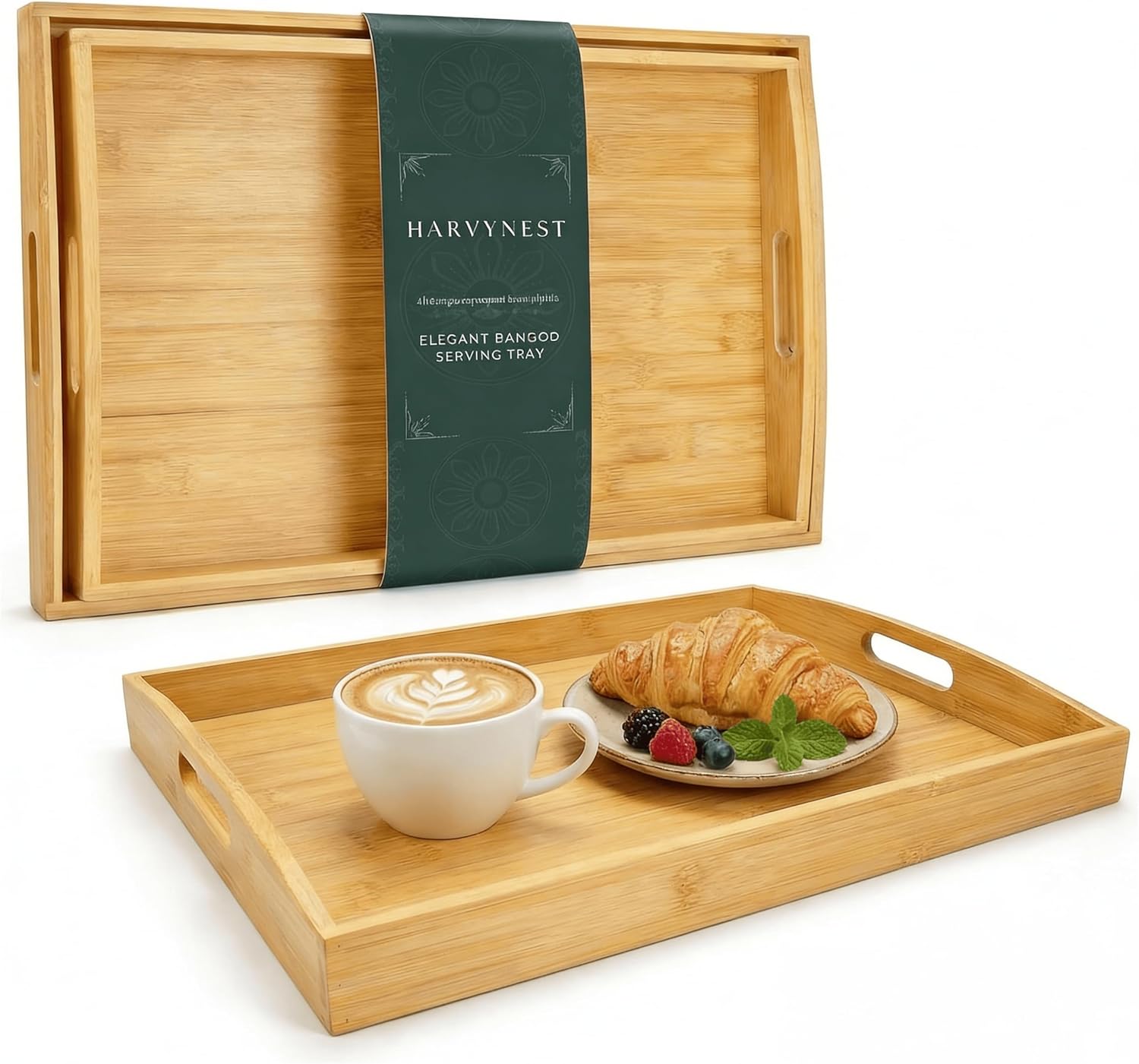 Bamboo Serving Tray Set of 2 with Handles, Nesting Wooden Serving Trays for Food & Drinks, Coffee Table Ottoman Tray for Living Room Decor, Large 16.9″ x 12.7″ x 1.5″ & Small 15.6″ x 11.7″ x 1.5″