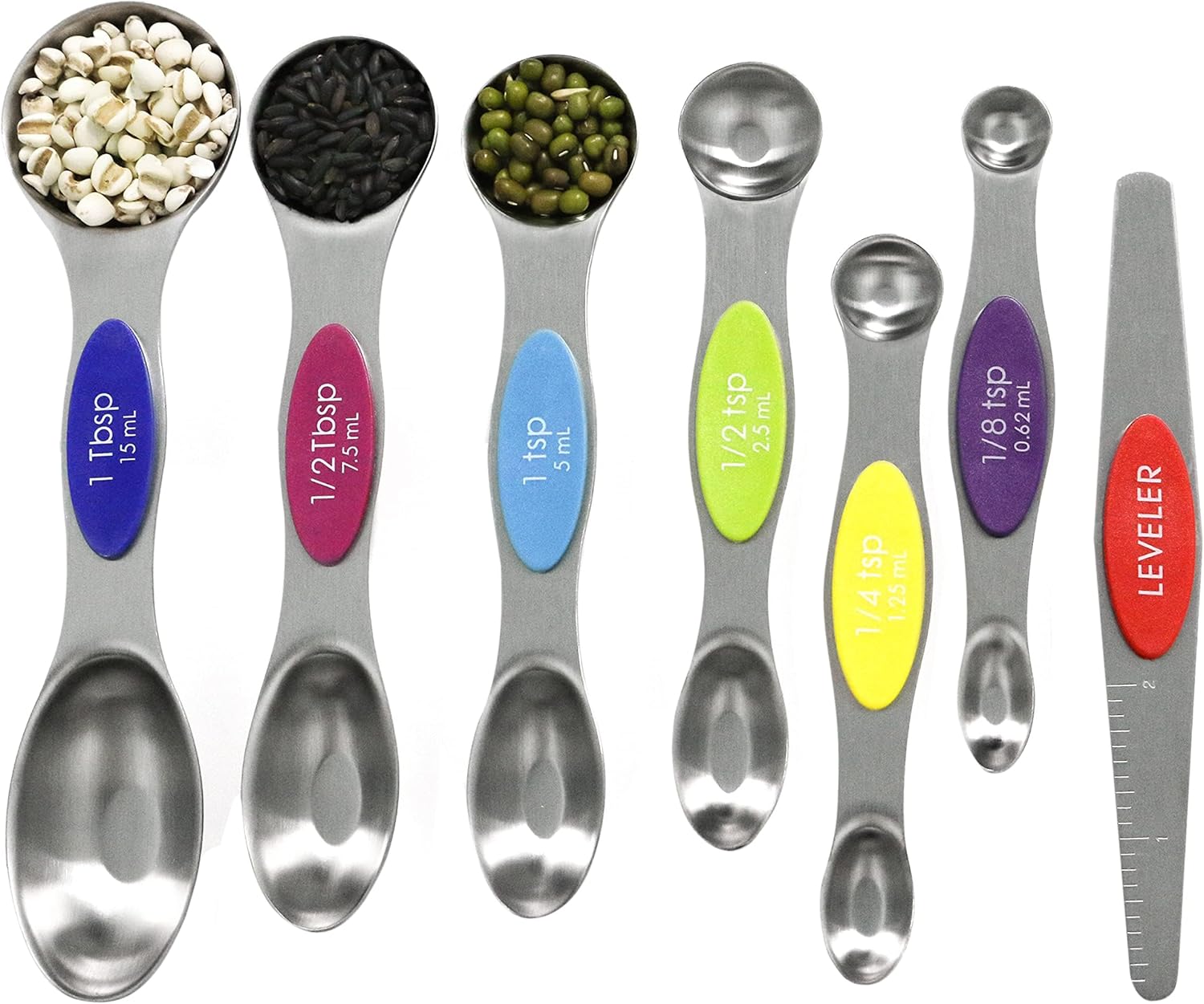 Multicolor Magnetic Measuring Spoons Set with Leveler – Stainless Steel, Stackable, Fits Spice Jars – For Baking Kitchen