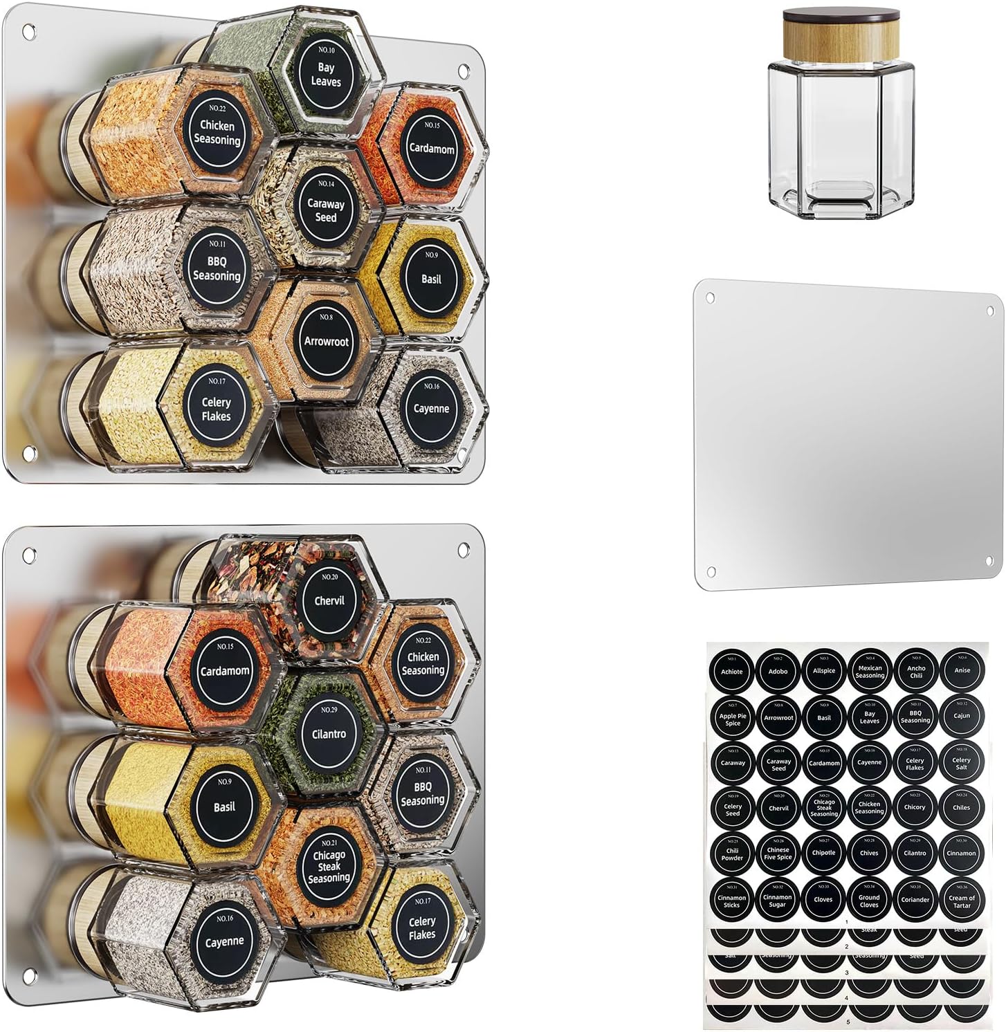 Vetacsion Set of 18 Magnetic Glass Spice Tins with 100 Preprinted Seasoning Label Stickers (Include Black Metal Wall-Plates)