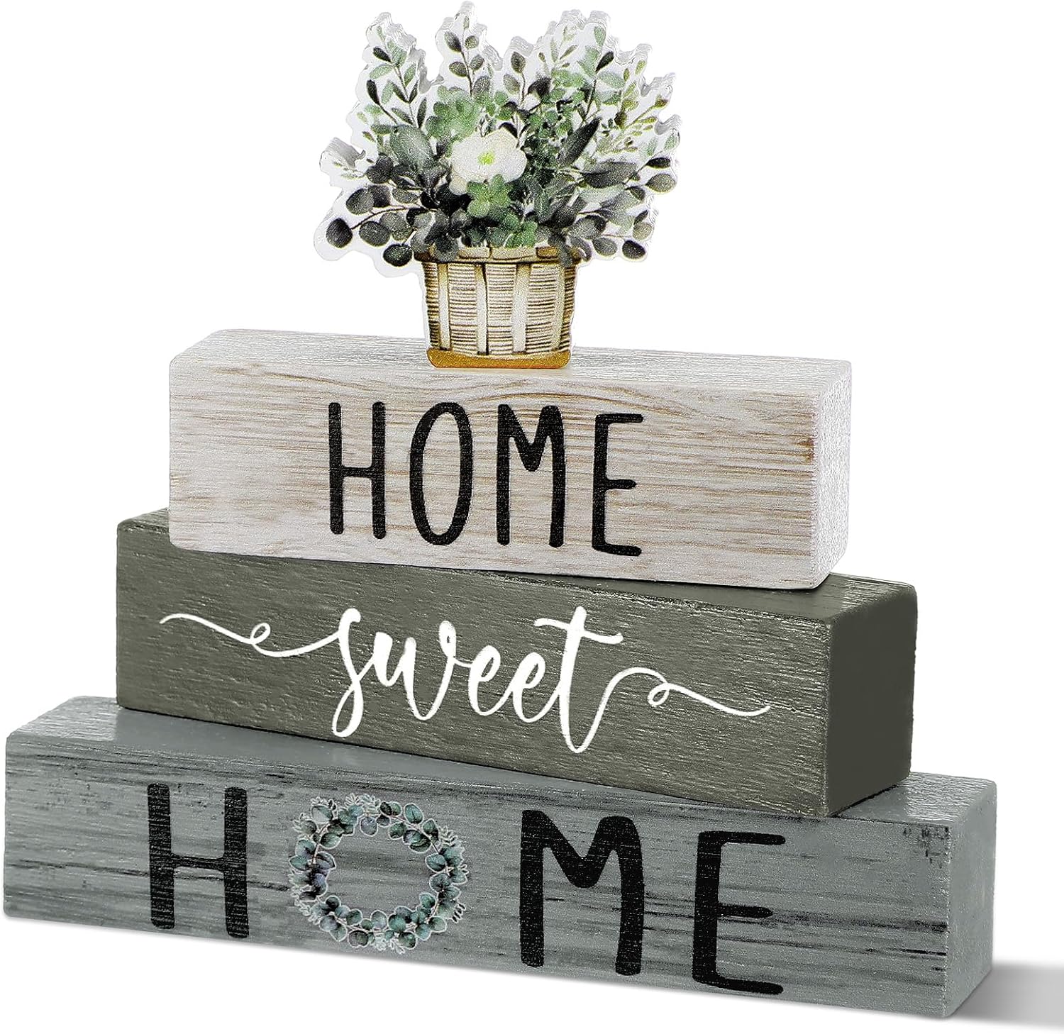 Cinnvoice 4 Pcs Farmhouse Wooden Tabletop Decor Green Eucalyptus Leaves Spring Rustic Tiered Tray Decor Home Sweet Home Table Centerpiece for Kitchen Decoration Gifts Fireplace Mantel Floating Shelf