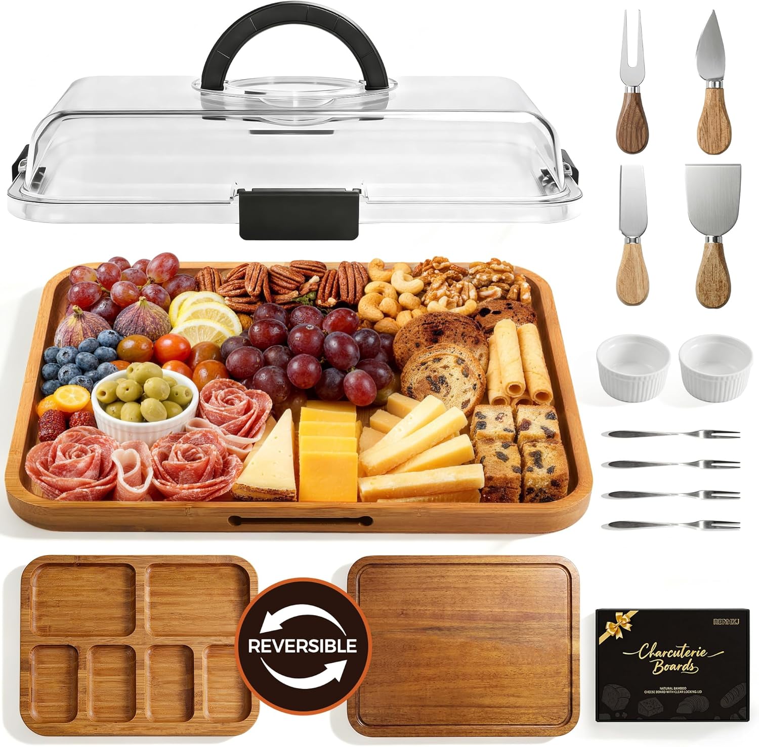 Renmxj Charcuterie Boards with Lid Gift Set, 2 in 1 Travel Portable Cheese Board with Knives Set, Carbonized Bamboo Charcuterie Tray, Housewarming Gifts New Home, Picnic, Wedding Gifts, Black Handle