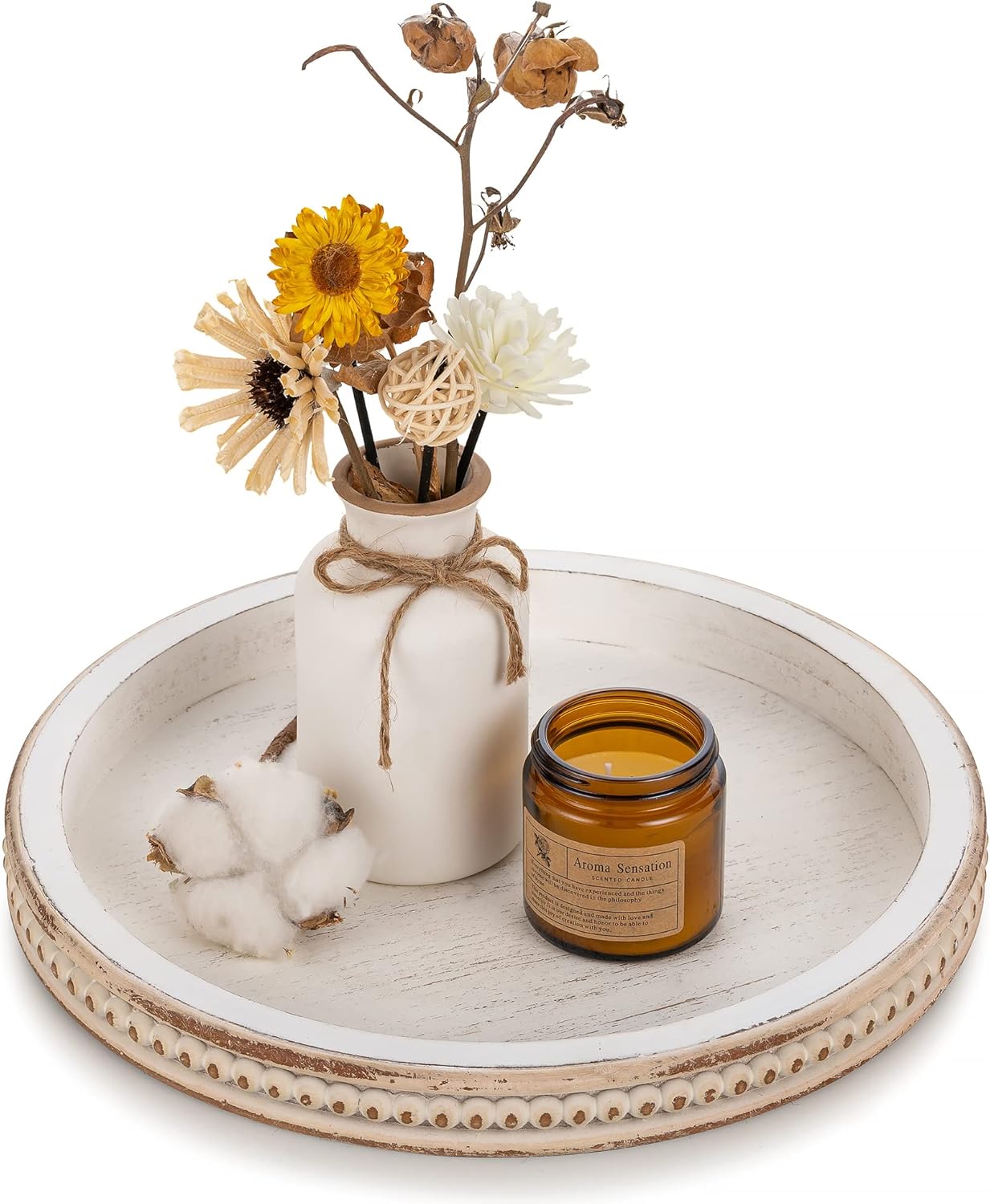 Hanobe Decorative Tray for Coffee Table: 10.5-Inch Round Whitewashed Wood Tray for Rustic Farmhouse Living Room Kitchen Island Entryway Home Decor