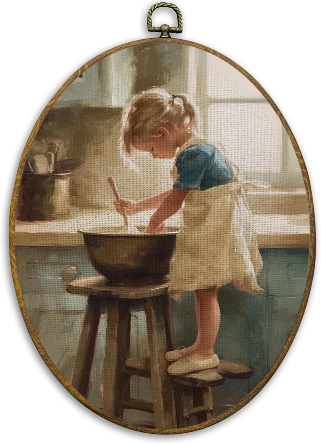 CUANFDDSF Vintage Rustic Kitchen Oval Wall Art Decor, Rustic Farmhouse Wall Hanging Decor, Cozy Cottagecore French Kitchen Little Girl Cooking Framed Canvas Prints for Dining Room Home, 8.6×11.4 Inch