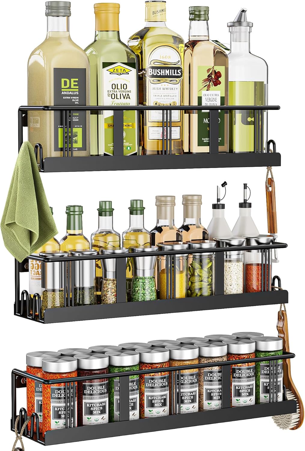 Bunoxea Spice Rack Wall Mounted 3 Pack,RV Spice Rack,Black | 12 Built-in Hooks,3 Versatile Sizes, Space-Saving,Flat Base, Screw or Adhesive, For Kitchen Cabinet, Pantry Door,Stove,RV