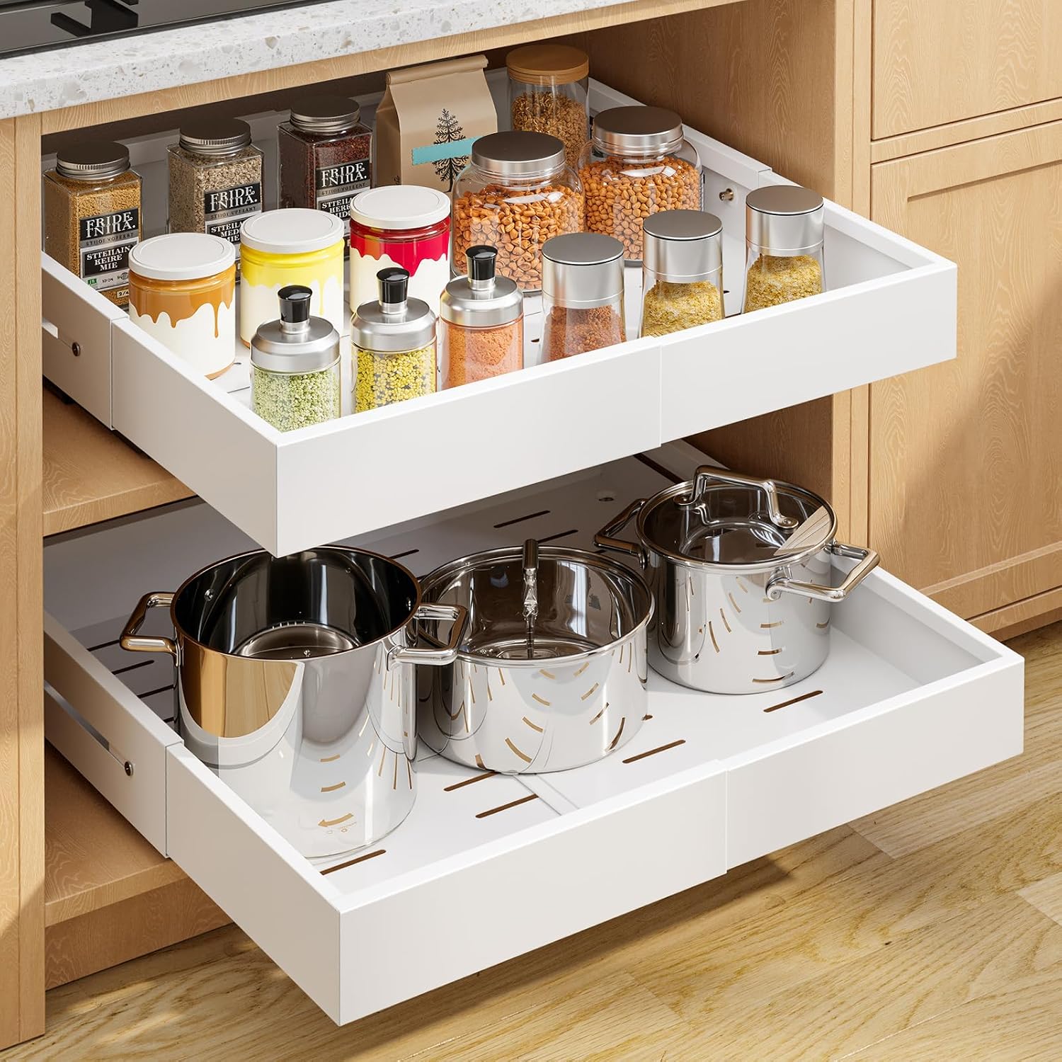 Kitsure Pull Out Cabinet Organizer – 2 Pack(12.6″-21″ D x 12″-20.4″ W) Expandable Sliding Cabinet Shelves, Smooth Glide Drawer Organizer, Kitchen & Pantry Storage, Framed & Frameless Cabinets