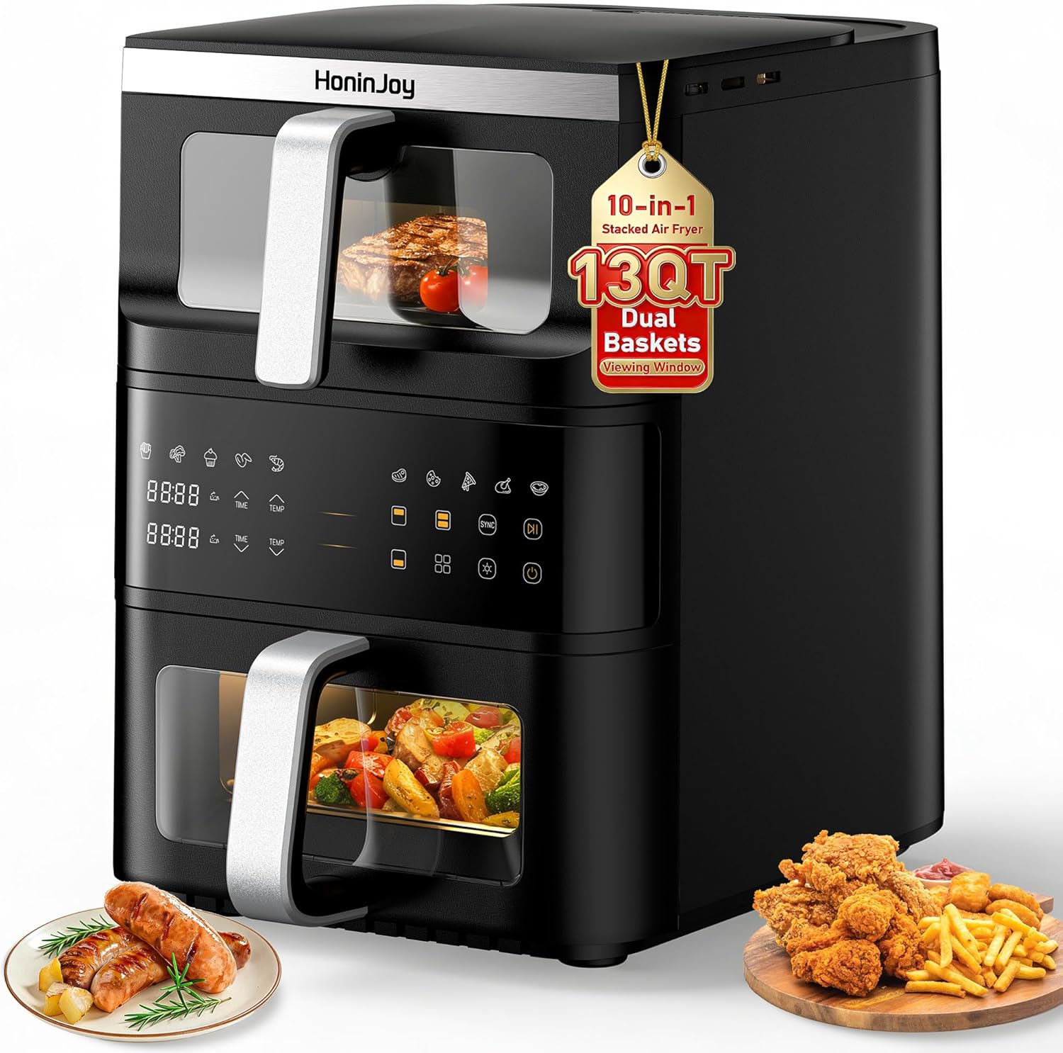 13QT Dual-Basket Air Fryers, Vertical Compact Large Air Fryers with viewing window & Independent Light, 10-in-1 Presets for Home Family, Bake/Dehydrate/Reheat, Double Zone Air Fryer Dishwasher-Safe