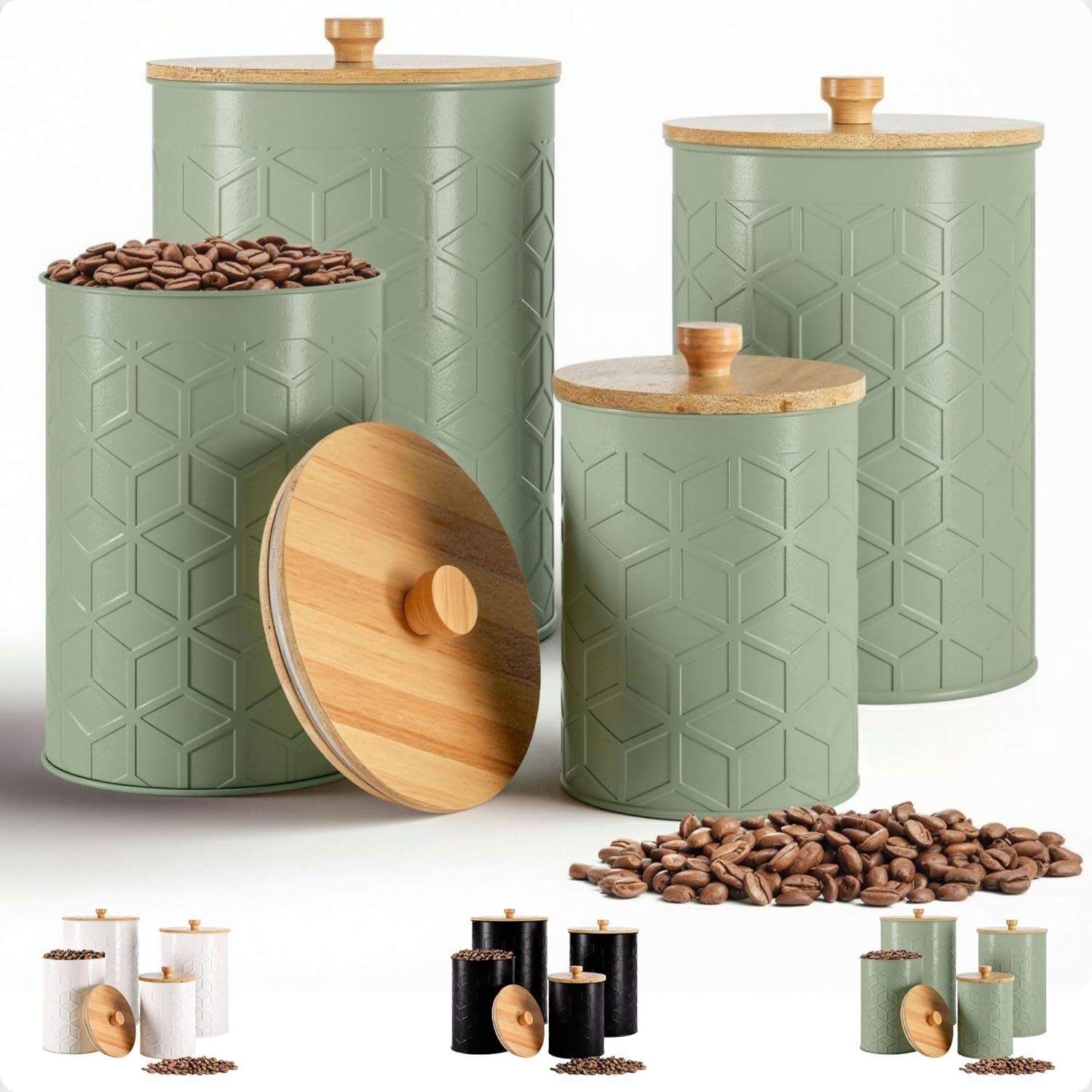 Kitchen Canisters for Countertop Set of 4 – Textured Iron Kitchen Canisters with Airtight Lids – Flour Sugar Canister Set – Flour and Sugar Containers Farmhouse – Coffee Jar for Counter – Sage Jar x4