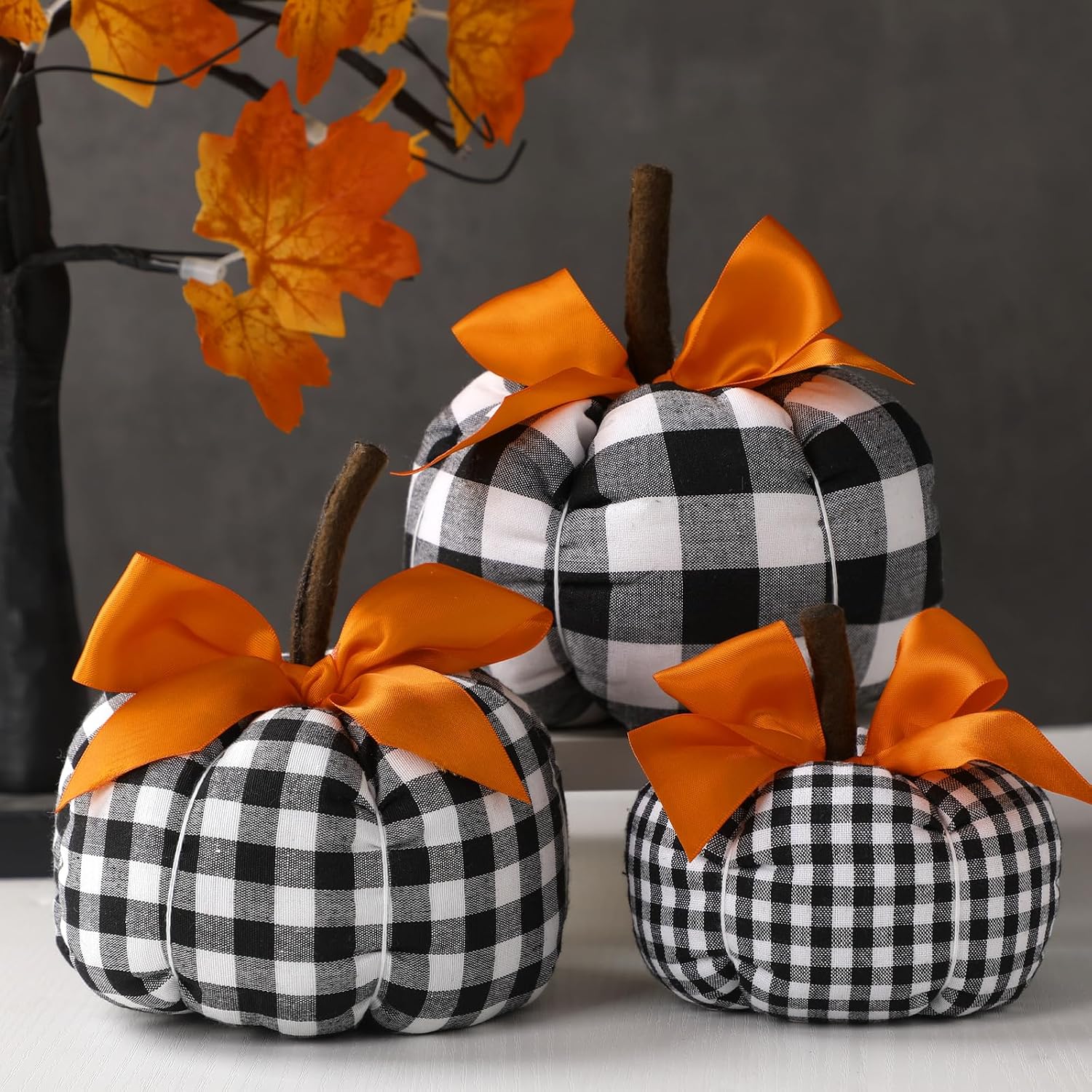Beeveer 3 Pcs Assorted Sizes Fall Pumpkins Decor with Orange Ribbon Thanksgiving Buffalo Plaid Black and White Decorative Pumpkins for Farmhouse Fall Halloween Thanksgiving Mantel Table Decor