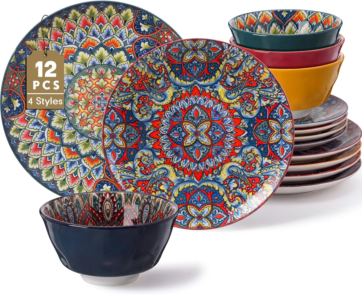 Domensi 12 Pieces Ceramic Dinnerware Sets Porcelain Plates and Bowls Set Service for 4 Ceramic Boho Dishes Tableware Bohemian Style Diningware Housewarming Wedding Gift