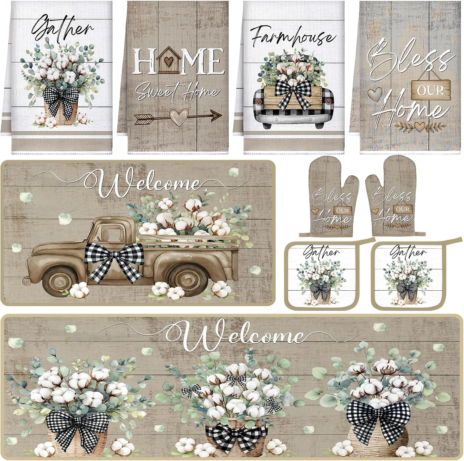 Fourluoo 10 Pcs Farmhouse Eucalyptus Leaves Kitchen Decor Set Bless Our Home Towels Rugs Oven Mitts and Pot Holders Set for Cooking Baking Grilling Gift