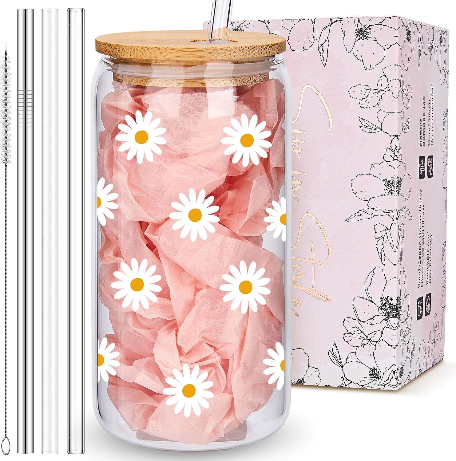 Cute Glass Cups with Lids and Straws, Daisy Flower Iced Coffee Smoothie Matcha Cup Tumbler Christmas Birthday Gifts for Women Sister Friend Her Preppy Teenage Girls Teen Girl Gifts Trendy Stuff Things