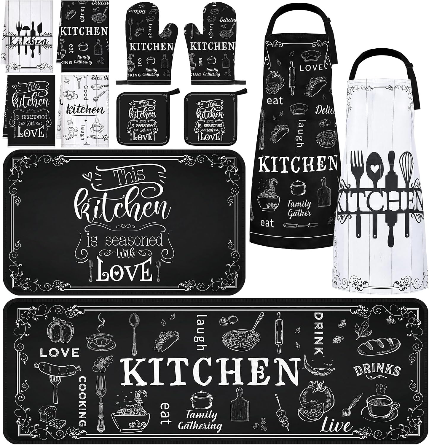 Fourluoo 12 Pcs Farmhouse Kitchen Decor Set Kitchen Towels Apron Oven Mitts Pot Holders Rugs for Housewarming Gift Cooking Baking BBQ