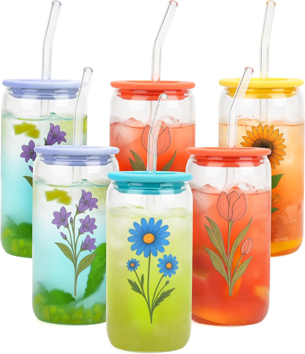 6 Pack Glass Cup with Silicone Lid and Straw 16OZ, Gifts for Women Drinking Glasses Set, Cute Iced Coffee Glasses Cups for Bar Accessories Aesthetic Glass Tumbler for Beer Tea Not Dishwasher Safe