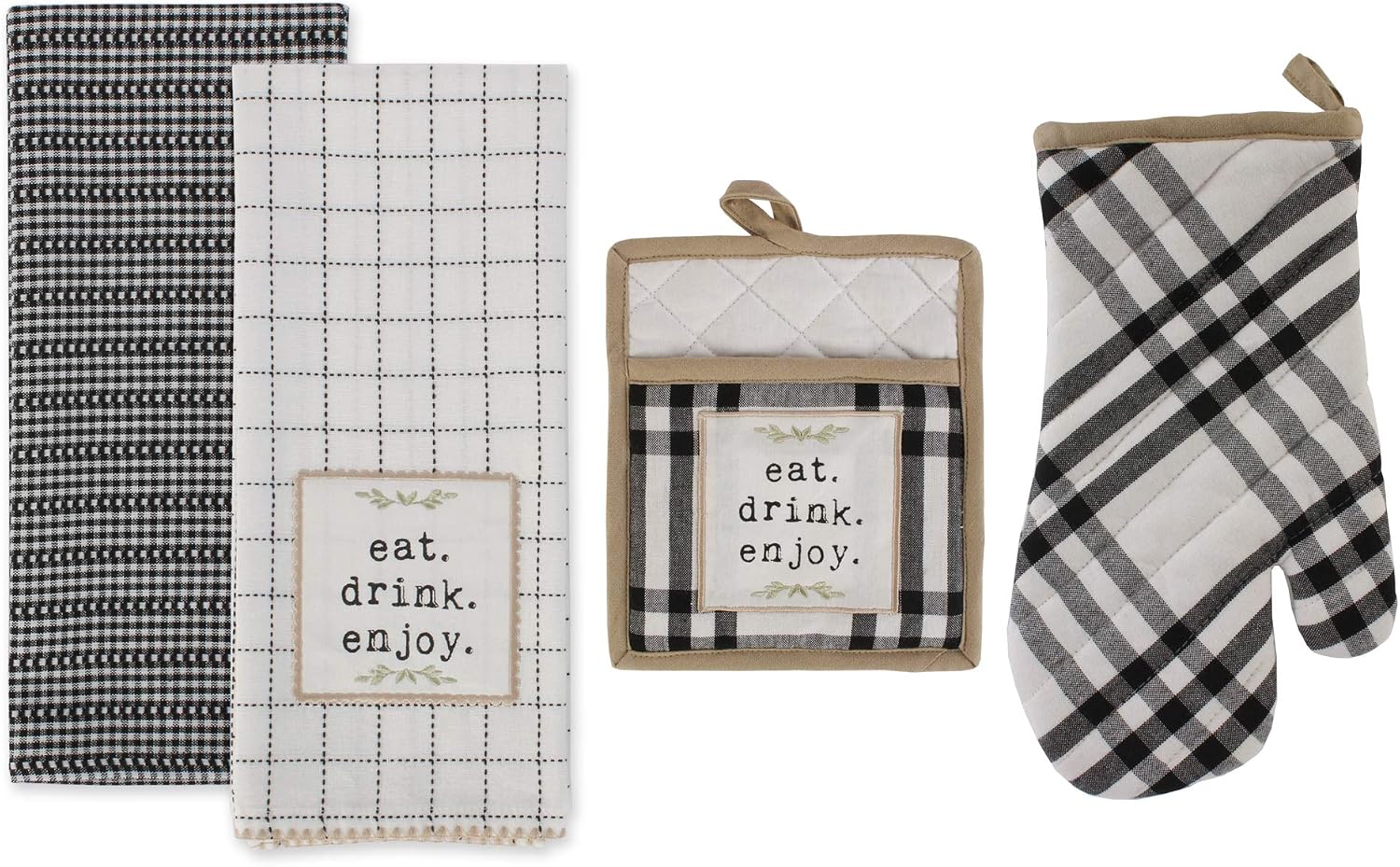 DII Home Sweet Farmhouse Kitchen Collection, Potholder/Oven Mitt/Dishtowel Set, Black, 4 Count