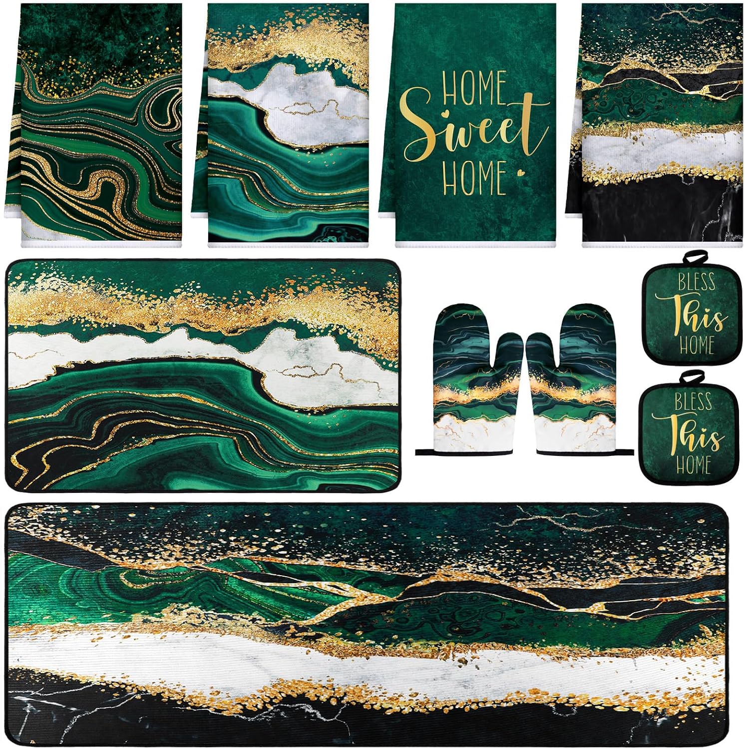 Fourluoo 10 Pcs Kitchen Dish Towels Rugs Oven Mitts and Pot Holders Kit Farmhouse Kitchen Decor Set Gloves Vintage Potholders for Baking Cooking Chef(Green,Modern)