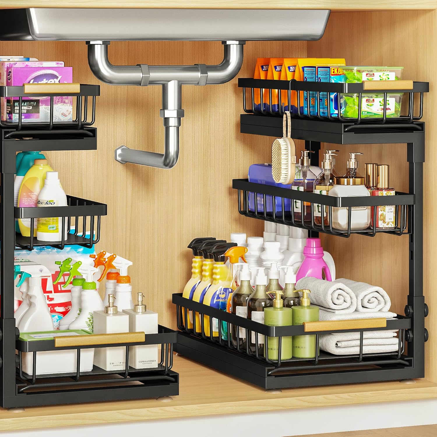 Under Sink Organizer and Storage for Bathroom and Kitchen – 2 Pack 3 Tier Under Cabinet Pull Out Shelf Organizers – Slide Out Drawer Organization for Home Cabinets Shelves and Drawers