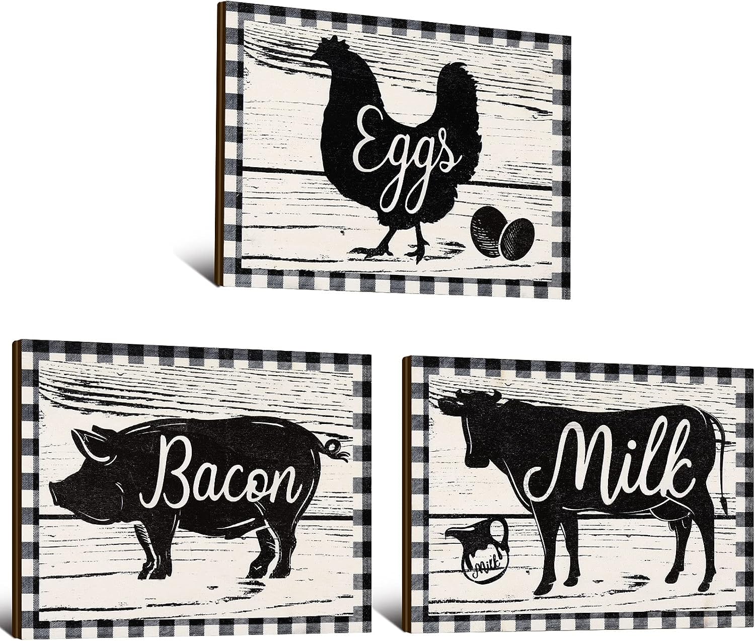 Jetec 3 Pieces Wooden Farmhouse Wall Decor Cow Pig Chicken Kitchen Signs Rustic Black and White Buffalo Plaid Wall Art Farm Animal Plaque for Kitchen Home Decor, 7.9 x 5.9 Inch