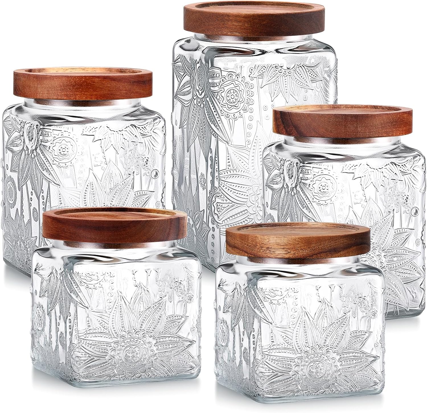 Suclain 5 Pcs Sunflower Vintage Glass Jars with Bamboo Airtight Lid 17/24/34 oz Glass Food Containers Storage for Kitchen Counter Pantry Sugar Flour Coffee Tea Candy Oats Cereal(Square)