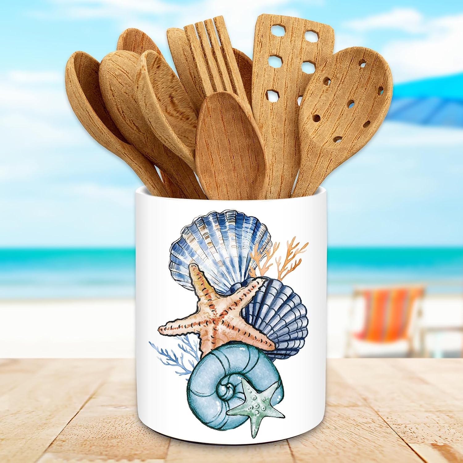 JarThenaAMCS Summer Coastal Ceramic Utensil Holder Ocean Starfish Seashell Utensil Crock for Beach Home Kitchen Countertop Storage Organizer Container