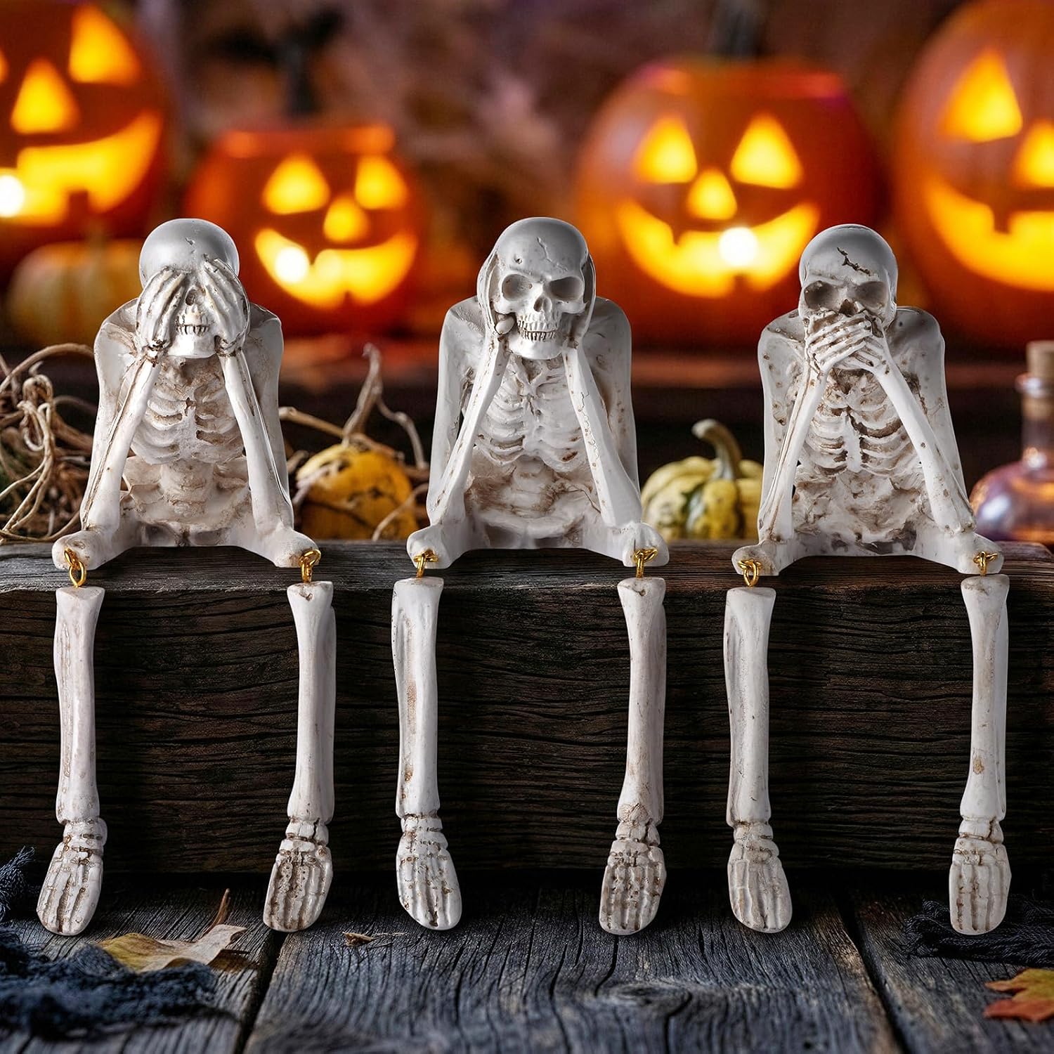 3PCS Halloween Skeleton Decor, See No Evil Hear No Evil Speak No Evil Statues, Resin Skull Figurines for Home Mantel Living Room Office, Halloween Decorations