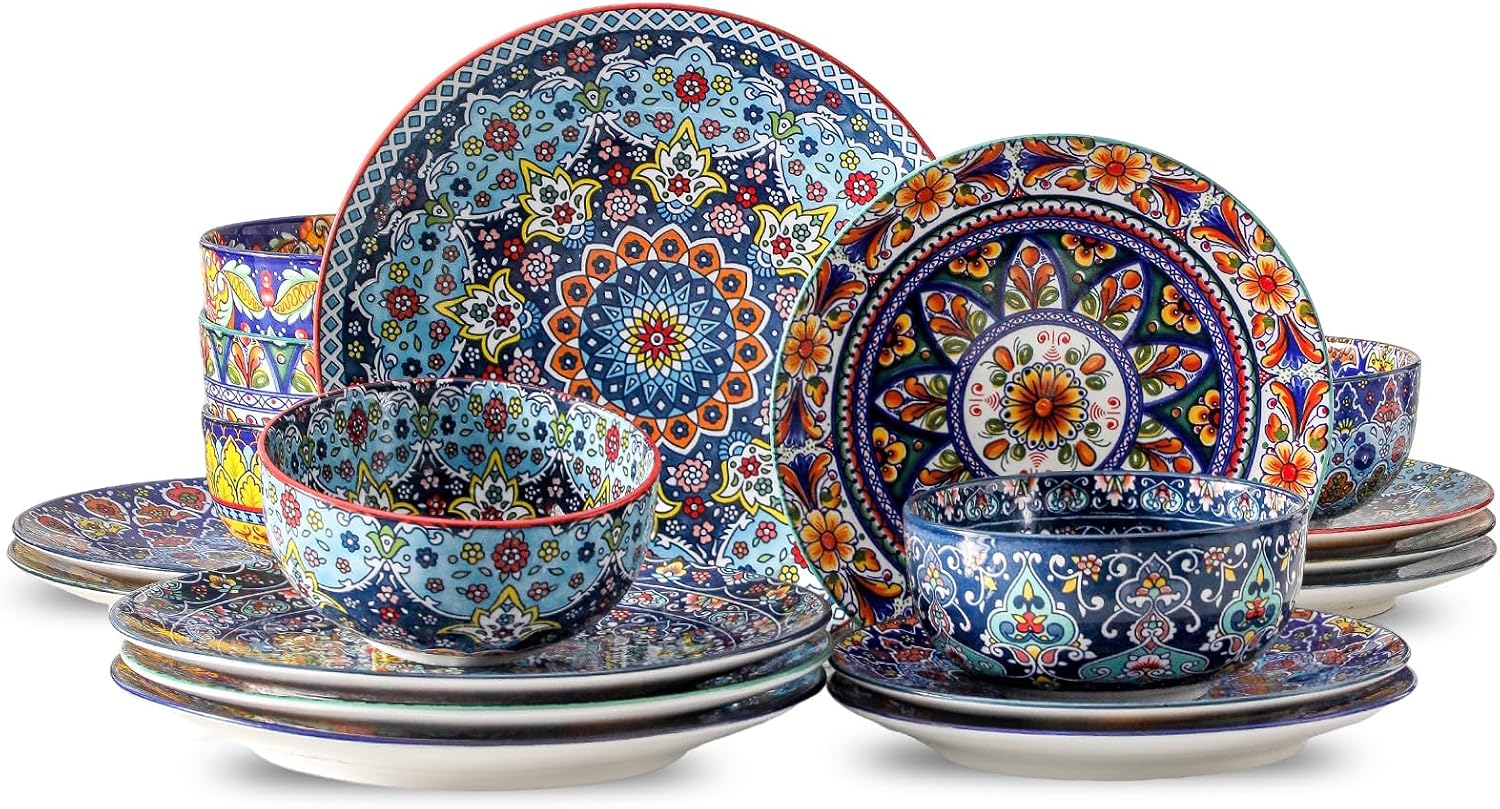 HASENSE 18 Pieces Kitchen Dinnerware Sets Service for 6, Bohemian Style Plates and Bowls Set, Ceramic Vintage Tableware Dishes Set, Scratch Resistant Microwave and Dishwasher Safe, Assorted Color