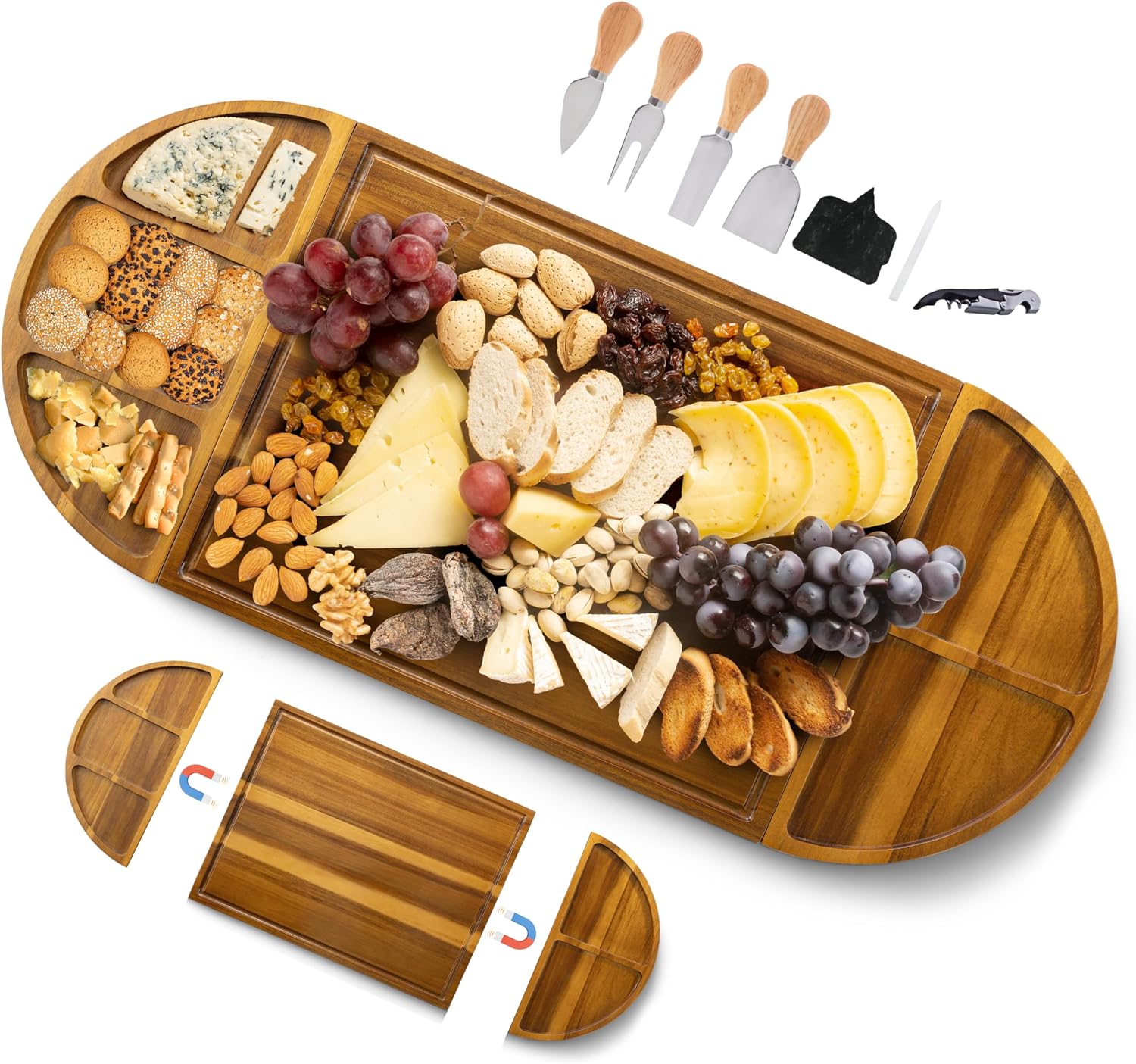 Extra Large Charcuterie Boards, 30” x 13” Acacia Cheese Board 3 Part Magnetic Long & Round Boards with Knive Set, Wine Opener & Cheese Marker, Unique Serving Tray for Birthday, Wedding Gift
