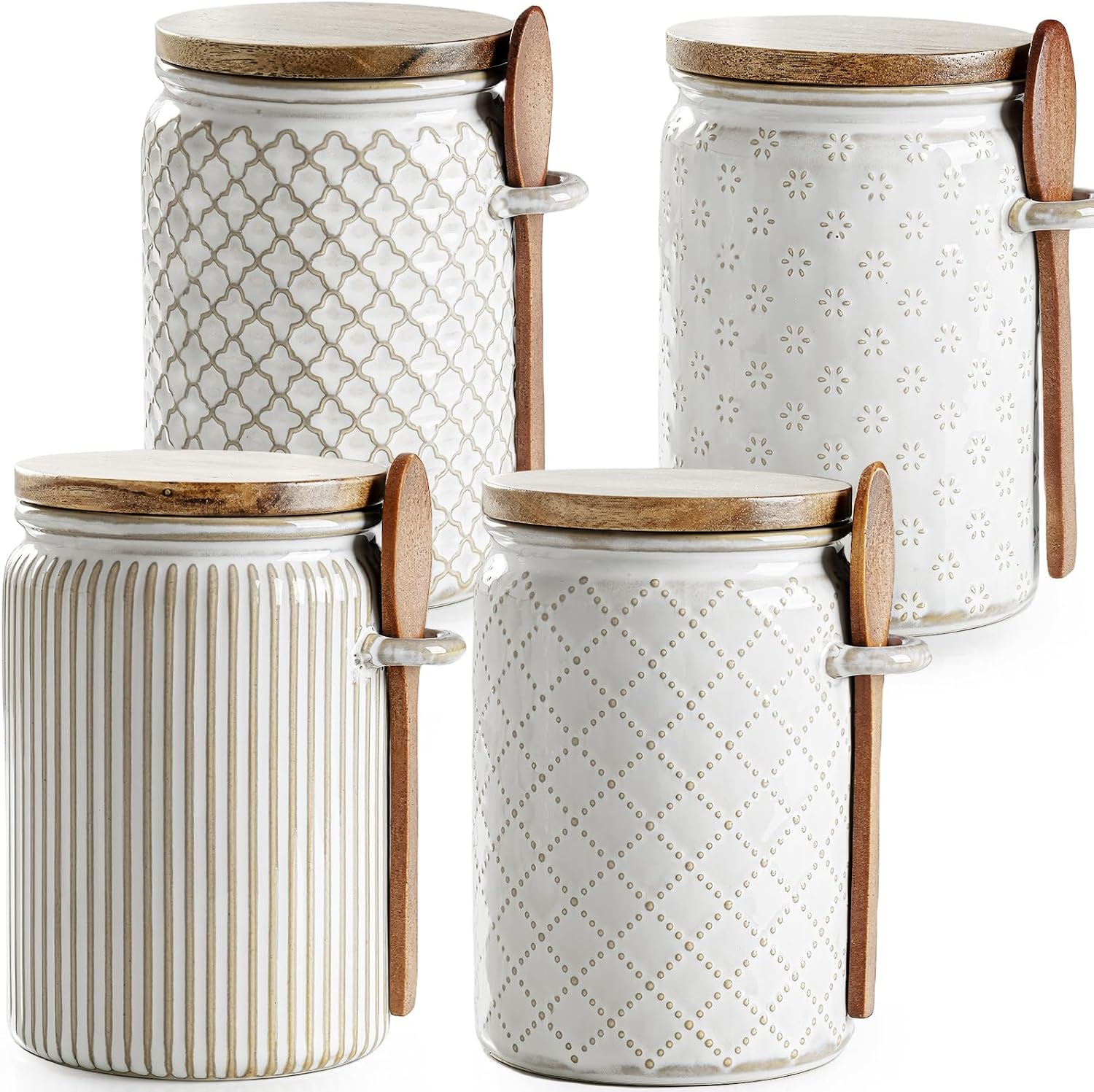getstar Small Canisters Sets for the Kitchen, 18 oz Sugar Coffee Tea Storage Containers, Ceramic Kitchen Canisters for Countertop Set of 4 with Airtight Lids and Teaspoons