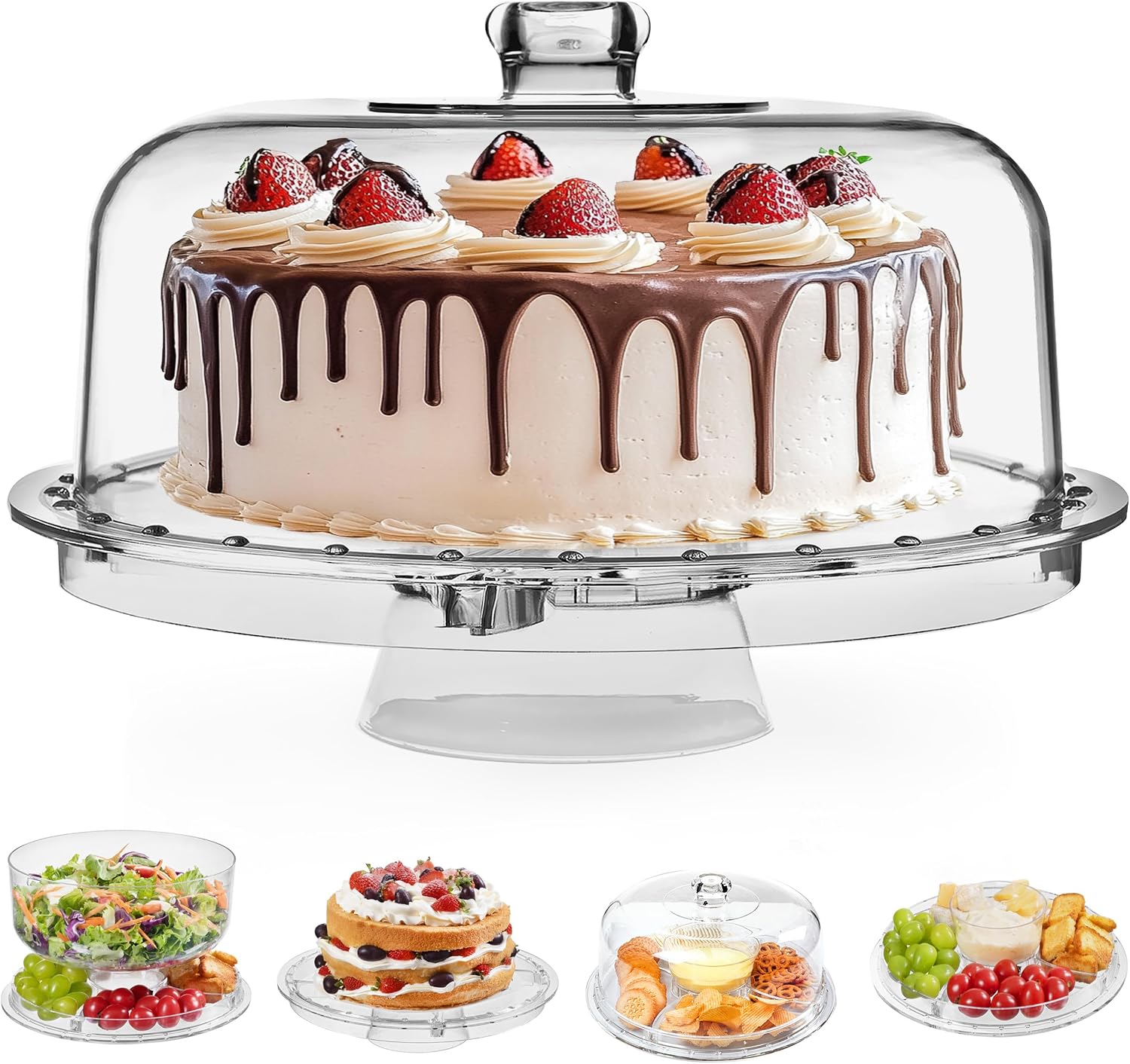 HBlife Cake Stand with Lid (12.2″), Multifunctional Cake Stand with Acrylic Dome, Acrylic 6-in-1 Cake Plate Display Stand with Cover for Baking Gifts, Birthday Kitchen Parties, Weddings