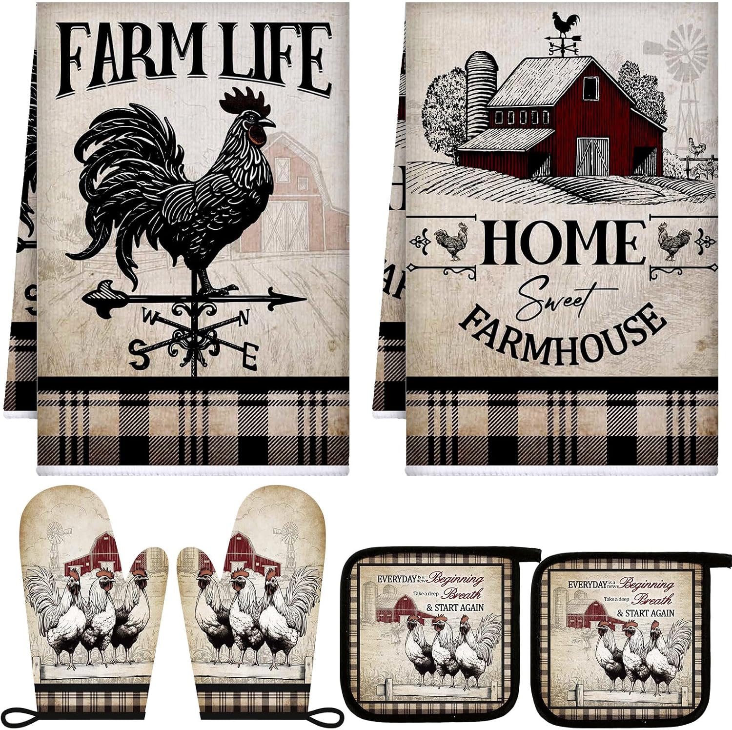 Leinuosen 6 Barn Farm Farmhouse Kitchen Decor Dish Towels Oven Mitts and Pot Holders Sets Chicken Kitchen Towels Absorbent Decorative Accessories for Cooking Baking Grilling