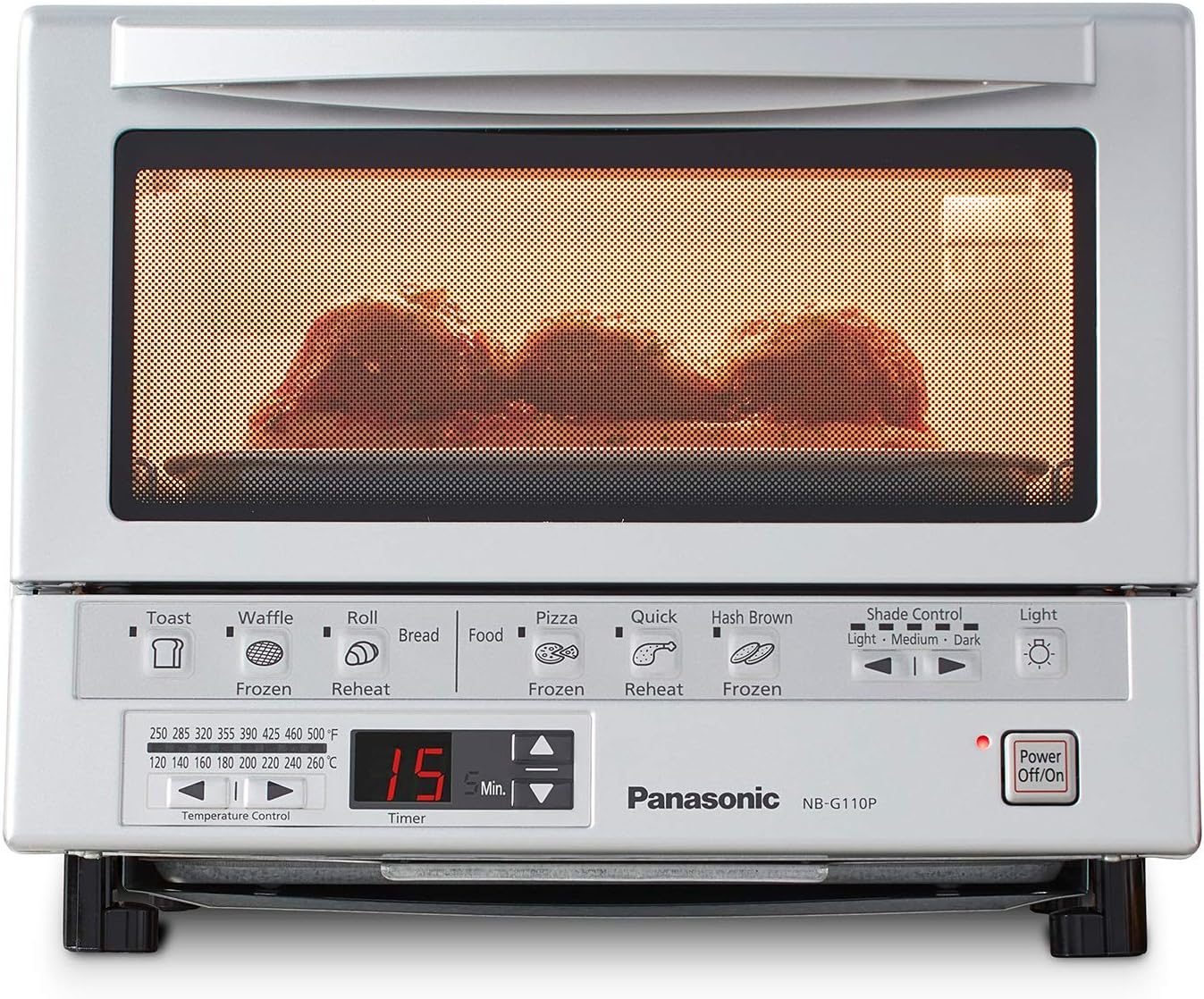 Panasonic FlashXpress Toaster Oven Countertop, 4-Slice Small Toaster Oven Compact Size with Double Infrared Heating, 6 Auto Cook Options and Precise Temperature Control, 1300W – NB-G110P (Silver)
