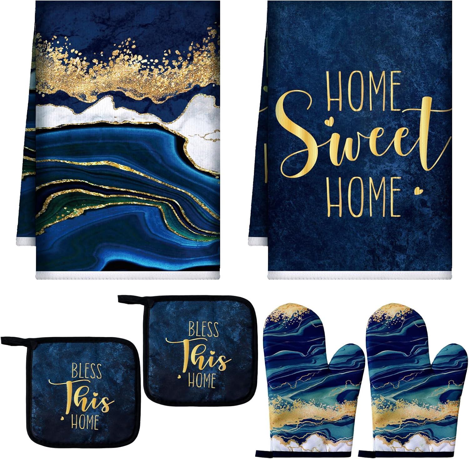 Bencailor 6 Pcs Marble Kitchen Decor Blue Ocean Wave Dish Towels Pot Holders and Oven Mitts Modern Marble Kitchen Set for Summer Baking Cooking Grilling Cleaning Supply Accessories