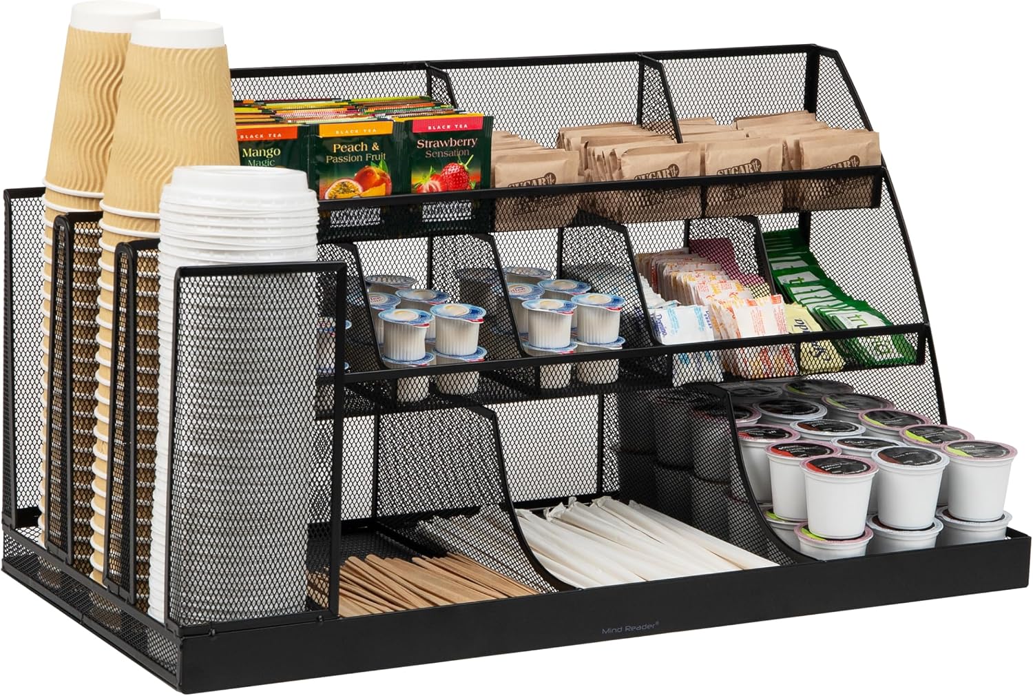 Mind Reader Cup and Condiment Station, Breakroom Countertop Organizer, 3-Tier Storage for Office Coffee Stations and Shared Spaces, Metal Mesh, Black